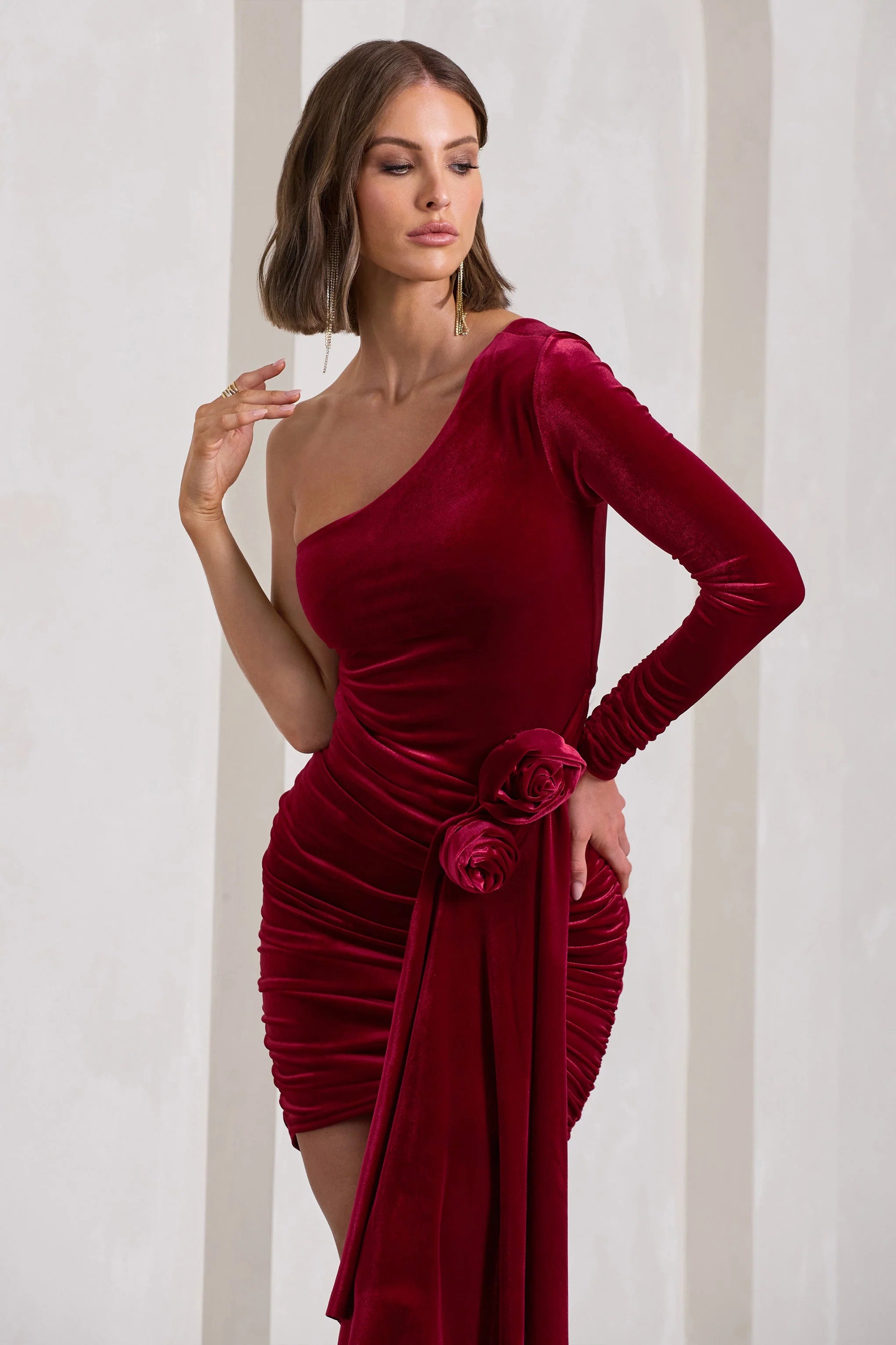 Saint Moritz | Berry Velvet Asymmetric Mini Dress With Flower Drape