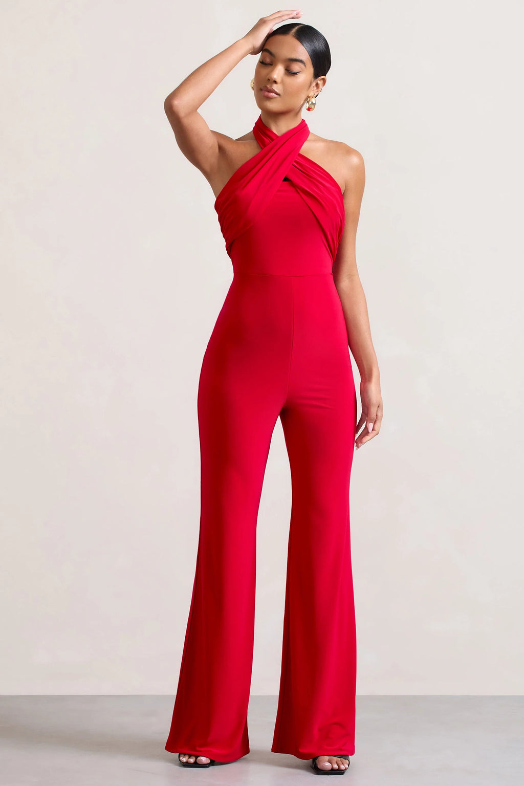 Goddess | Red Halter Neck Flare Jumpsuit