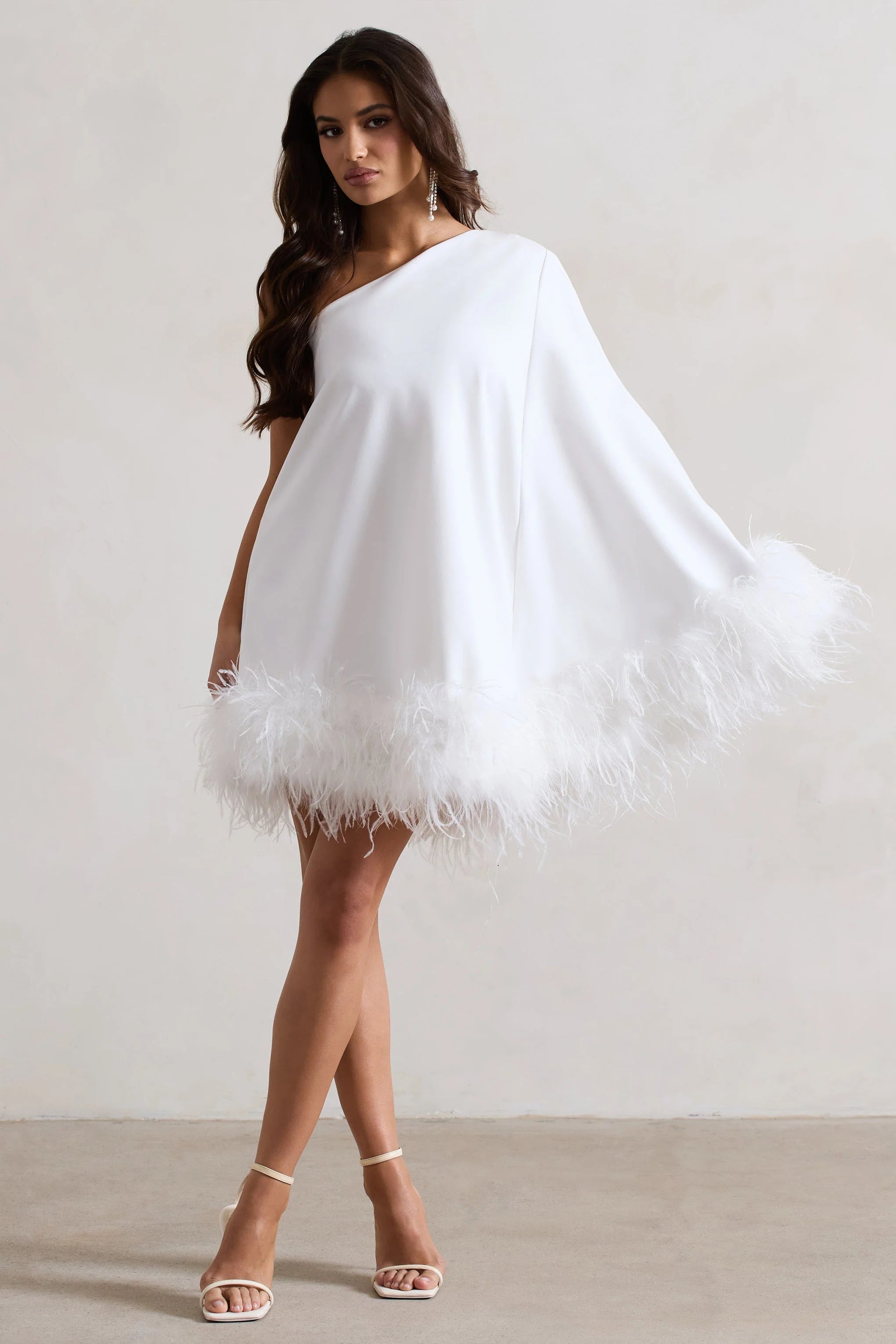 Epiphany | White Asymmetric Cape Sleeve Mini Dress With Feathers