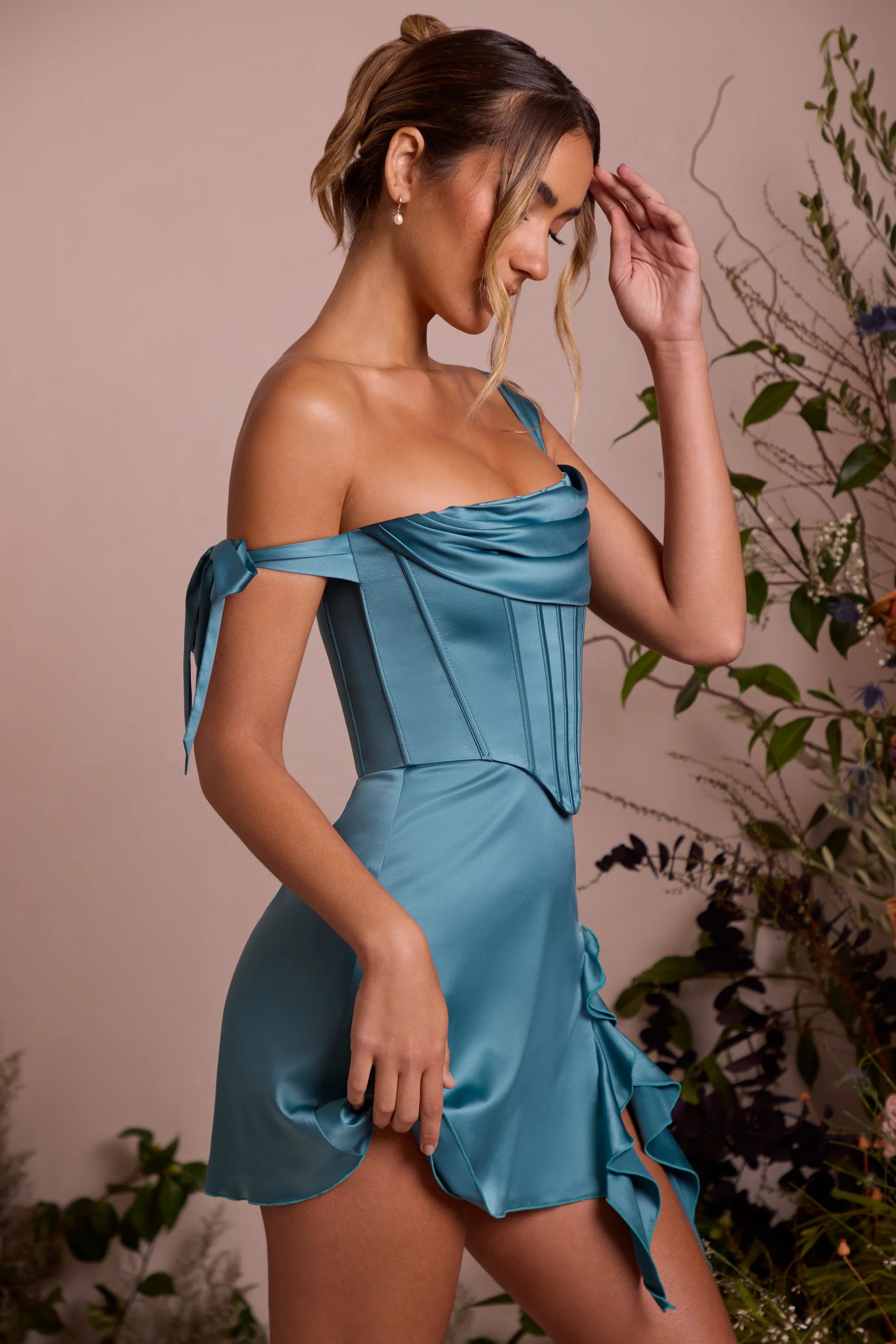 Off Shoulder Corset Mini Dress in Teal