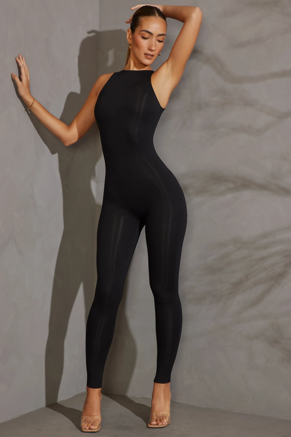 Petite Racer Neck Jumpsuit in Black