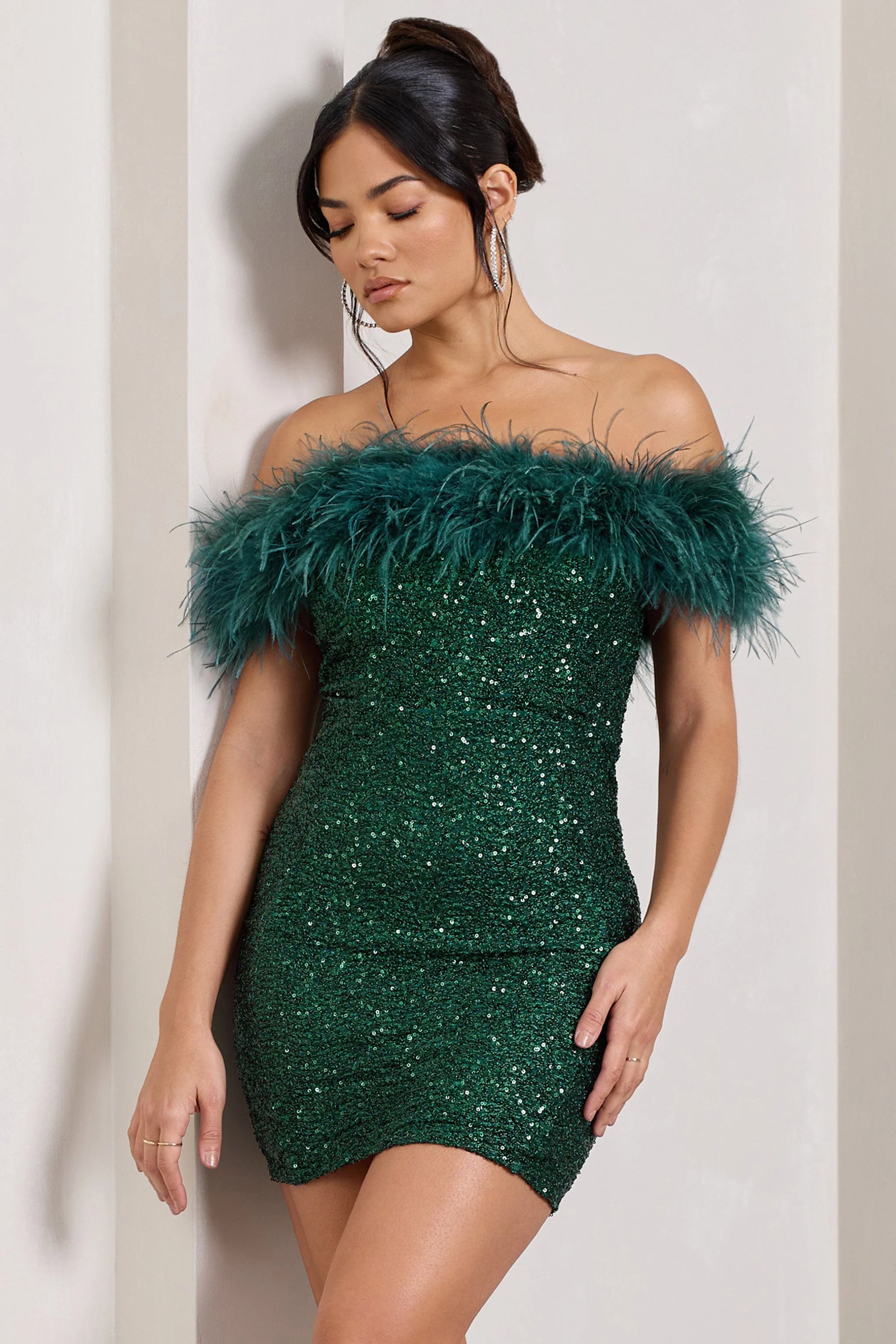 New Money | Green Bodycon Sequin Mini Dress With Feather Trim
