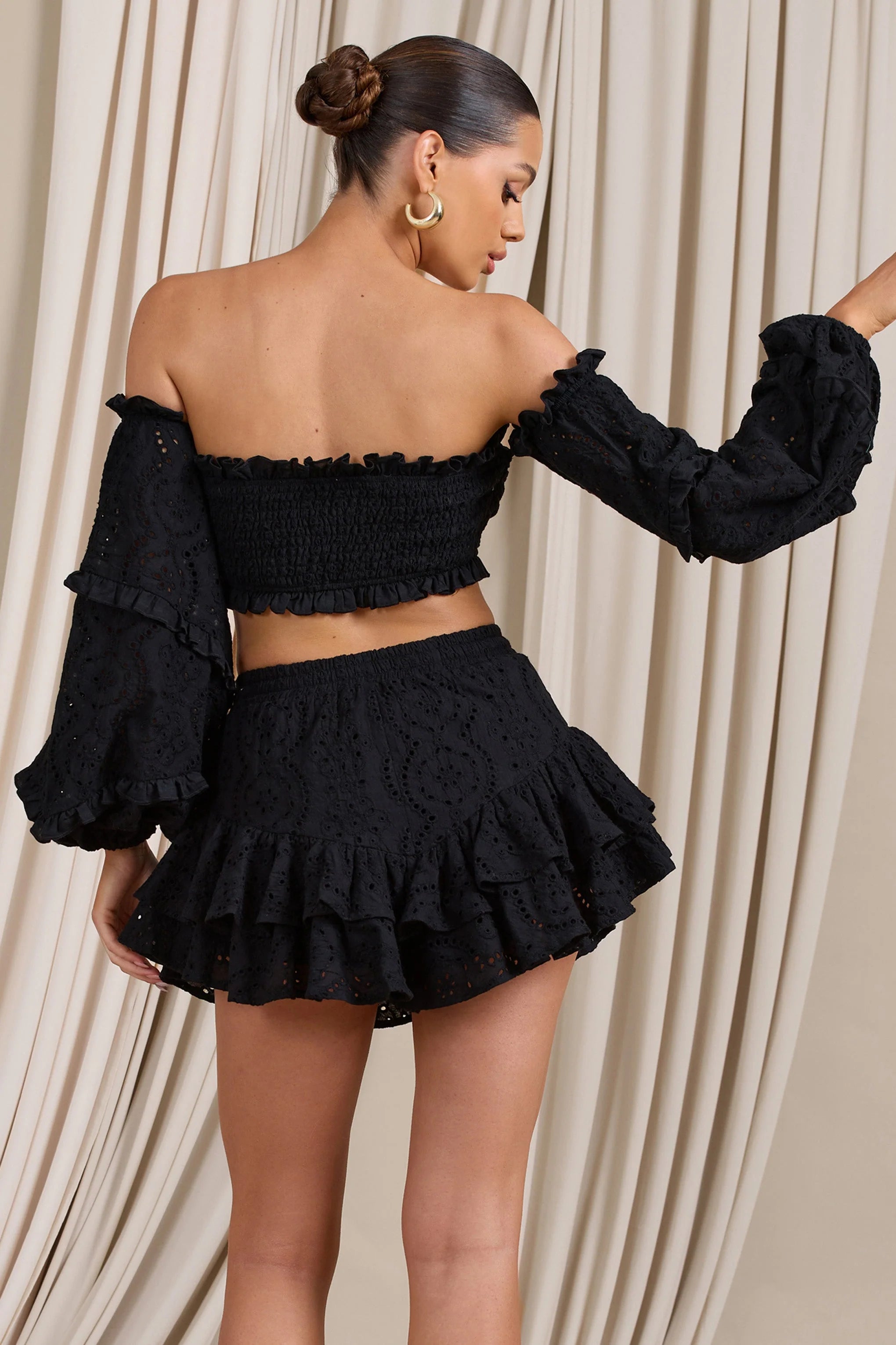 Postcard | Black Lace Bardot Puff-Sleeved Crop Top