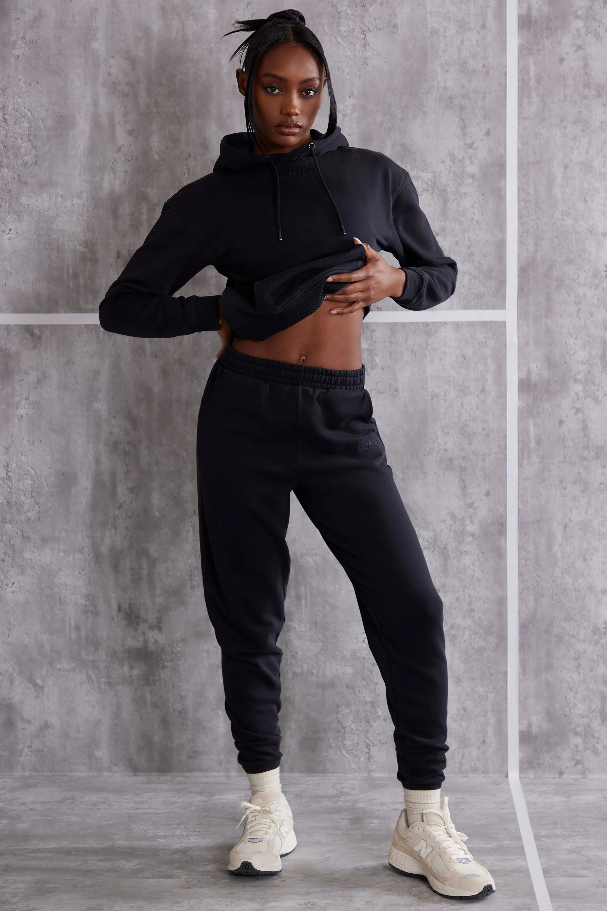 Petite High Waist Cuffed Joggers in Jet Black