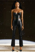 Petite Faux Leather Flare Trousers in Black