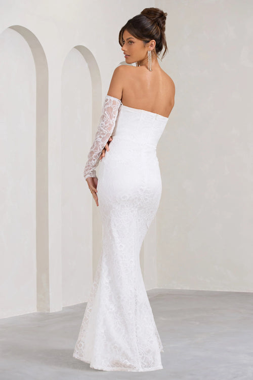 Aniyah | White Lace Bandeau Neckline Corset Fishtail Maxi Dress With Sheer Sleeves