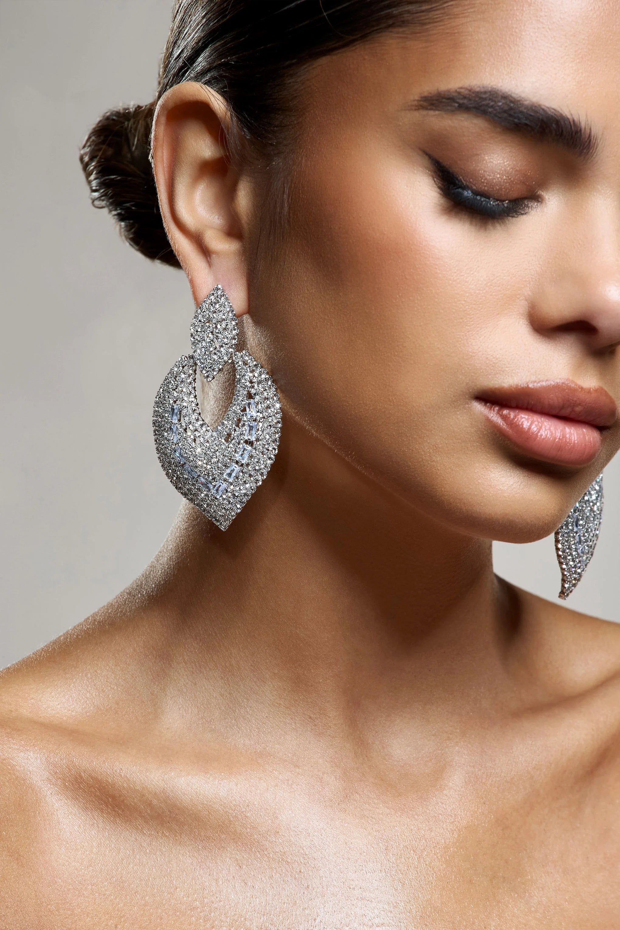 Miyo | Silver Diamante Leaf Drop Earrings