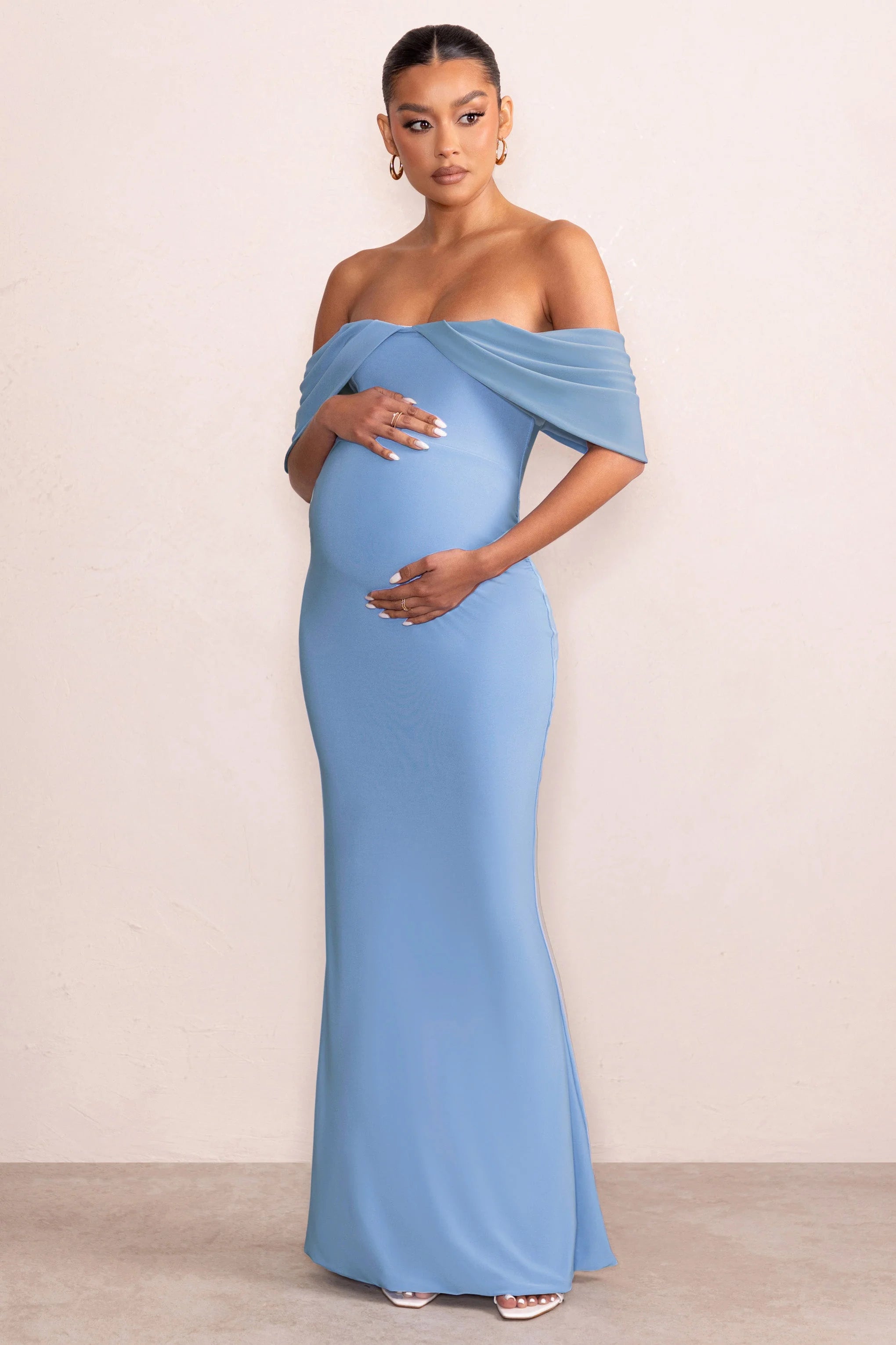 Asha | Powder Blue Draped Sleeve Bardot Maternity Maxi Dress