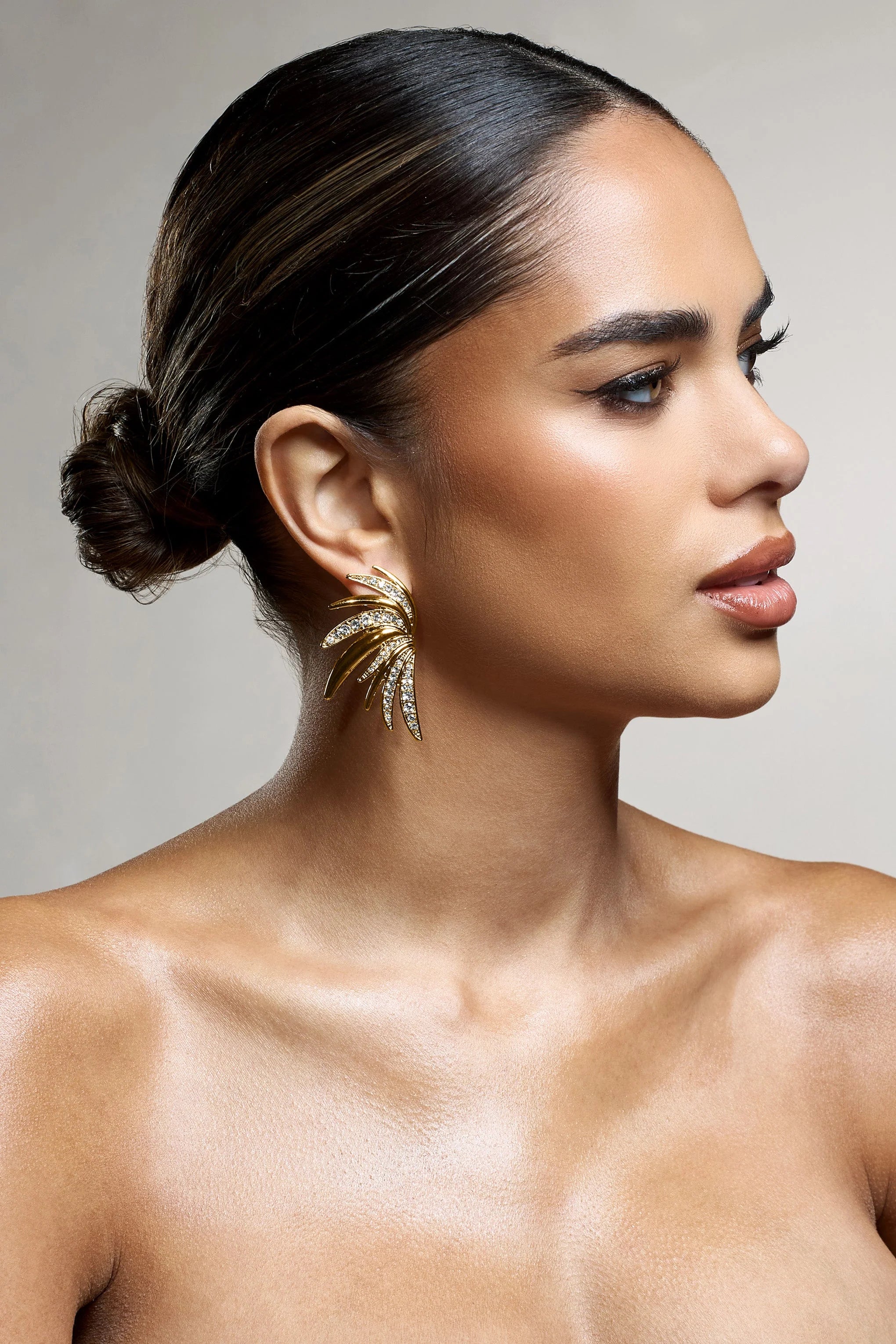 Curious | Gold Diamante Half Leaf Earrings