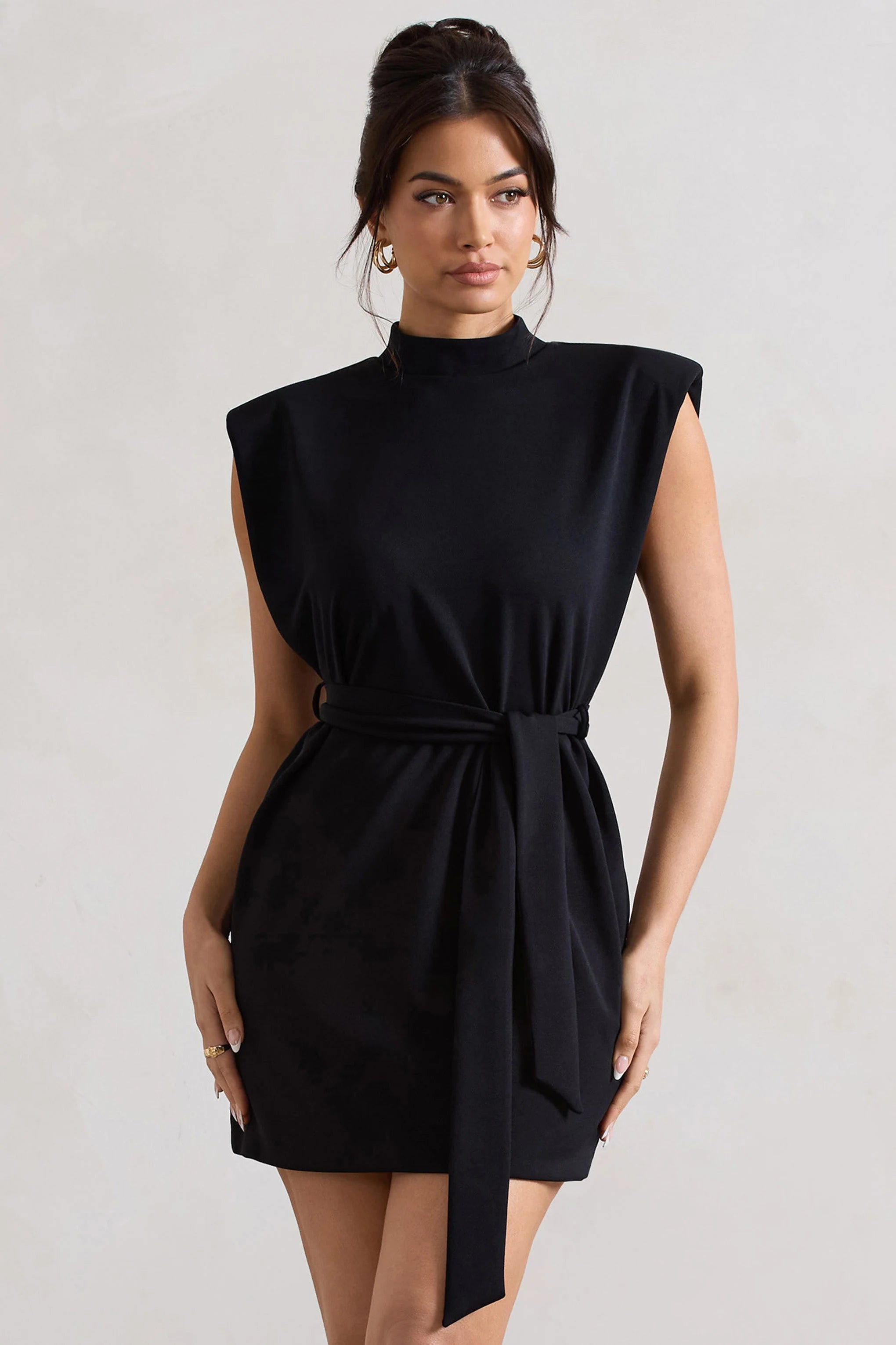 Asher | Black High-Neck Mini Dress With Tie Waist