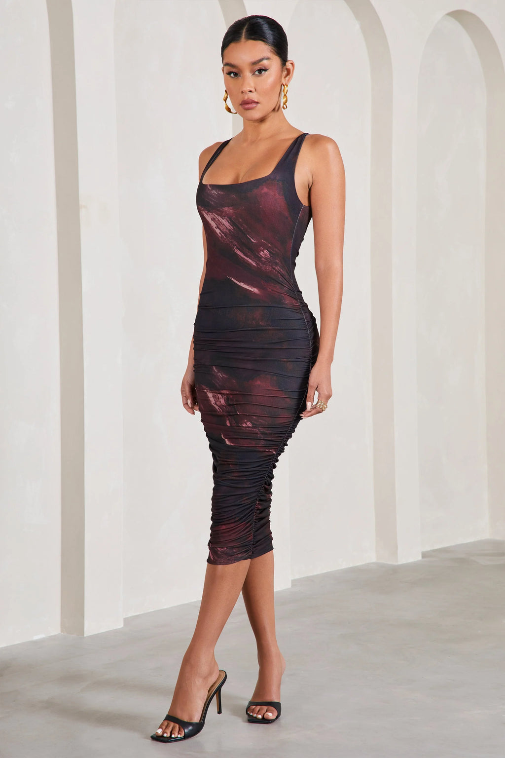 Lisbon | Plum Print Square Neck Ruched Midi Dress