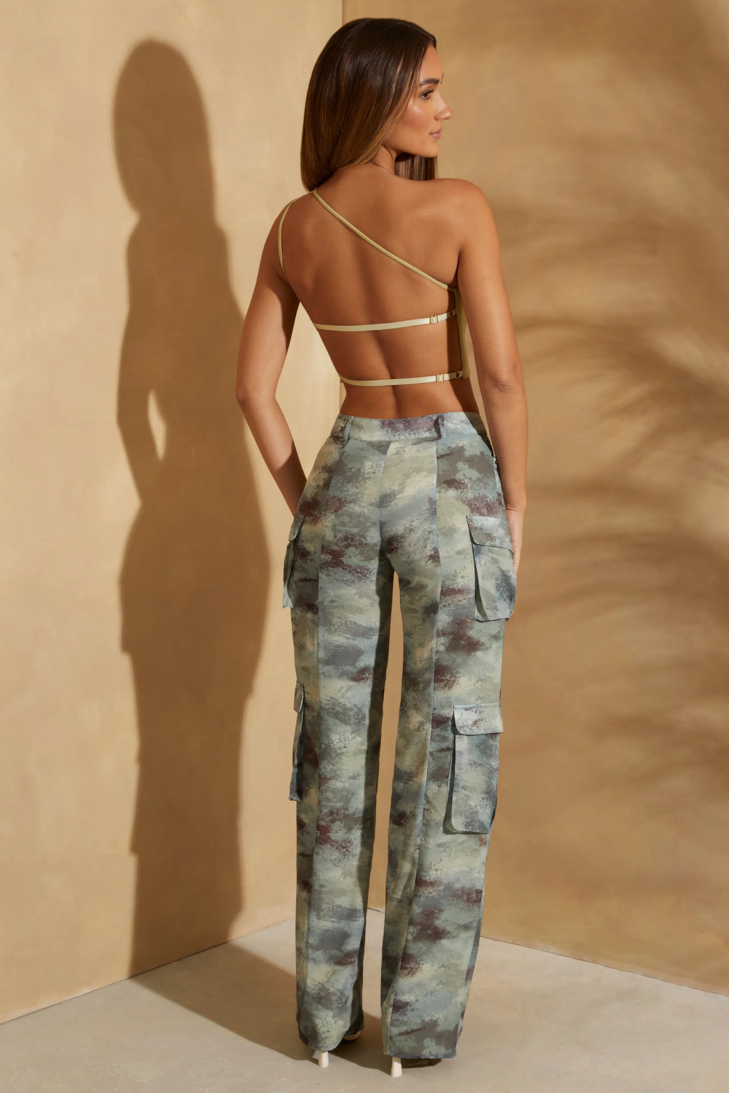 Tall High Waist Camo Cargo Trousers in Khaki Print