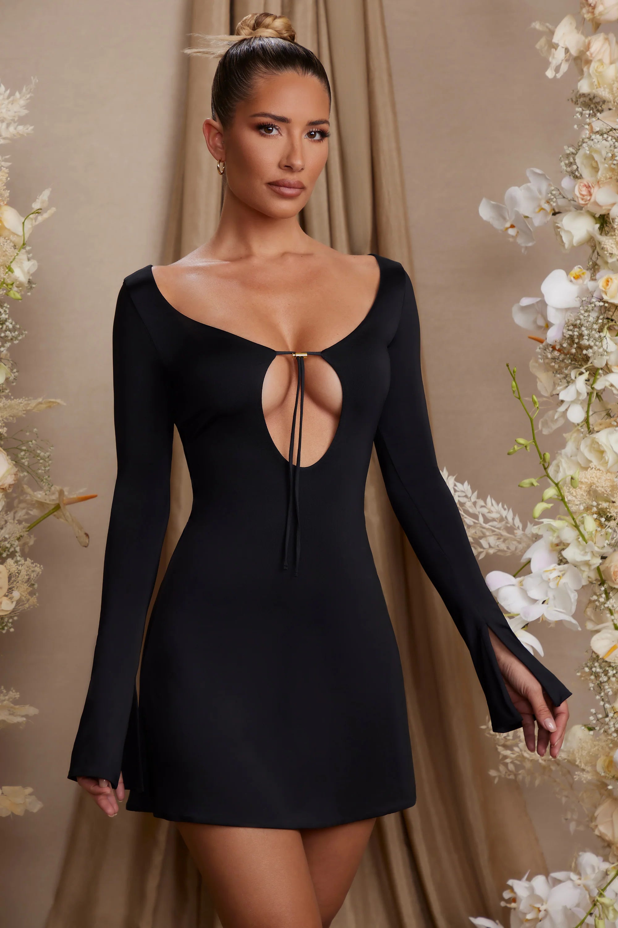Long Sleeve Cut Out A-Line Mini Dress in Black