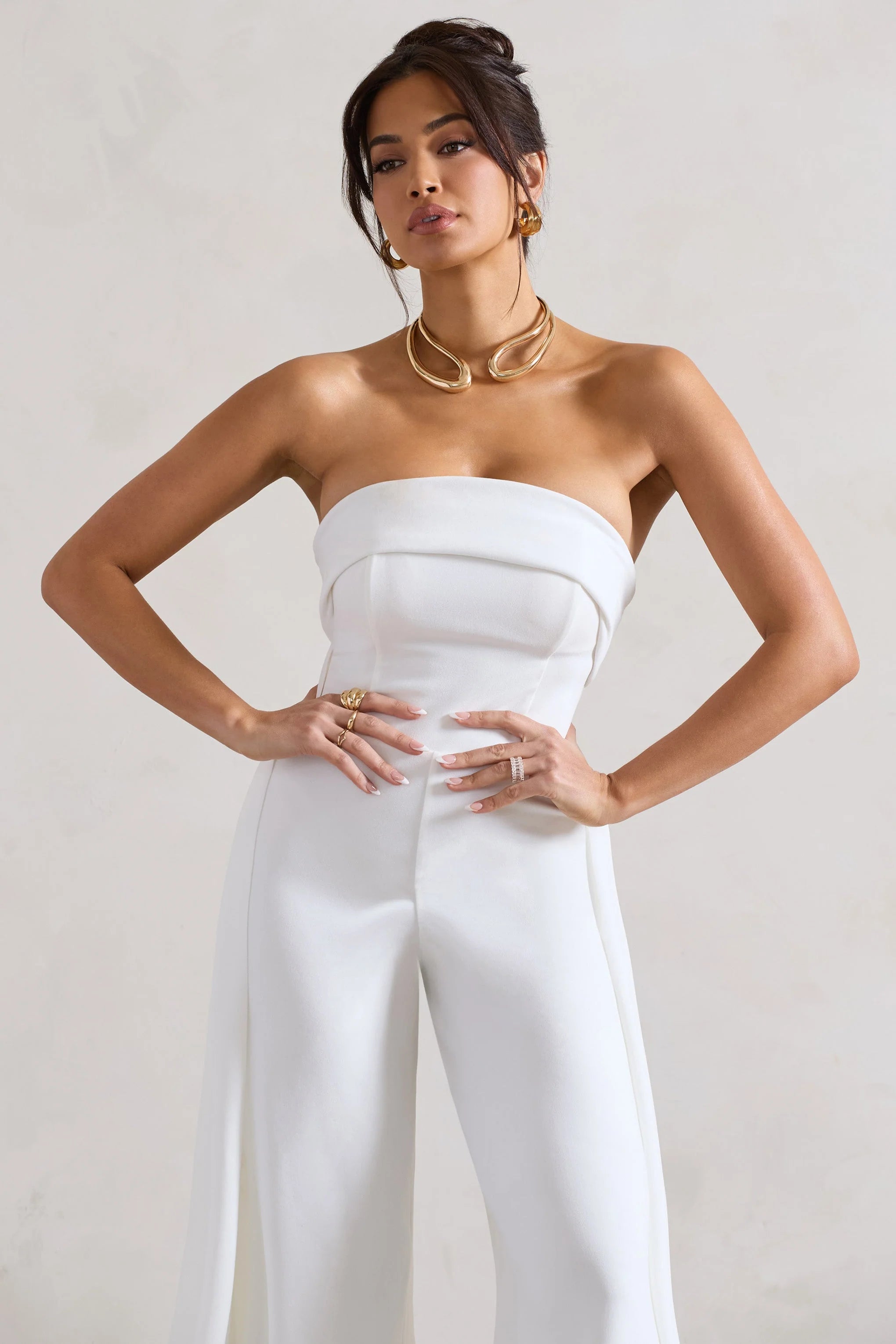 Amaya | White Bandeau Wide-Leg Jumpsuit With Cape