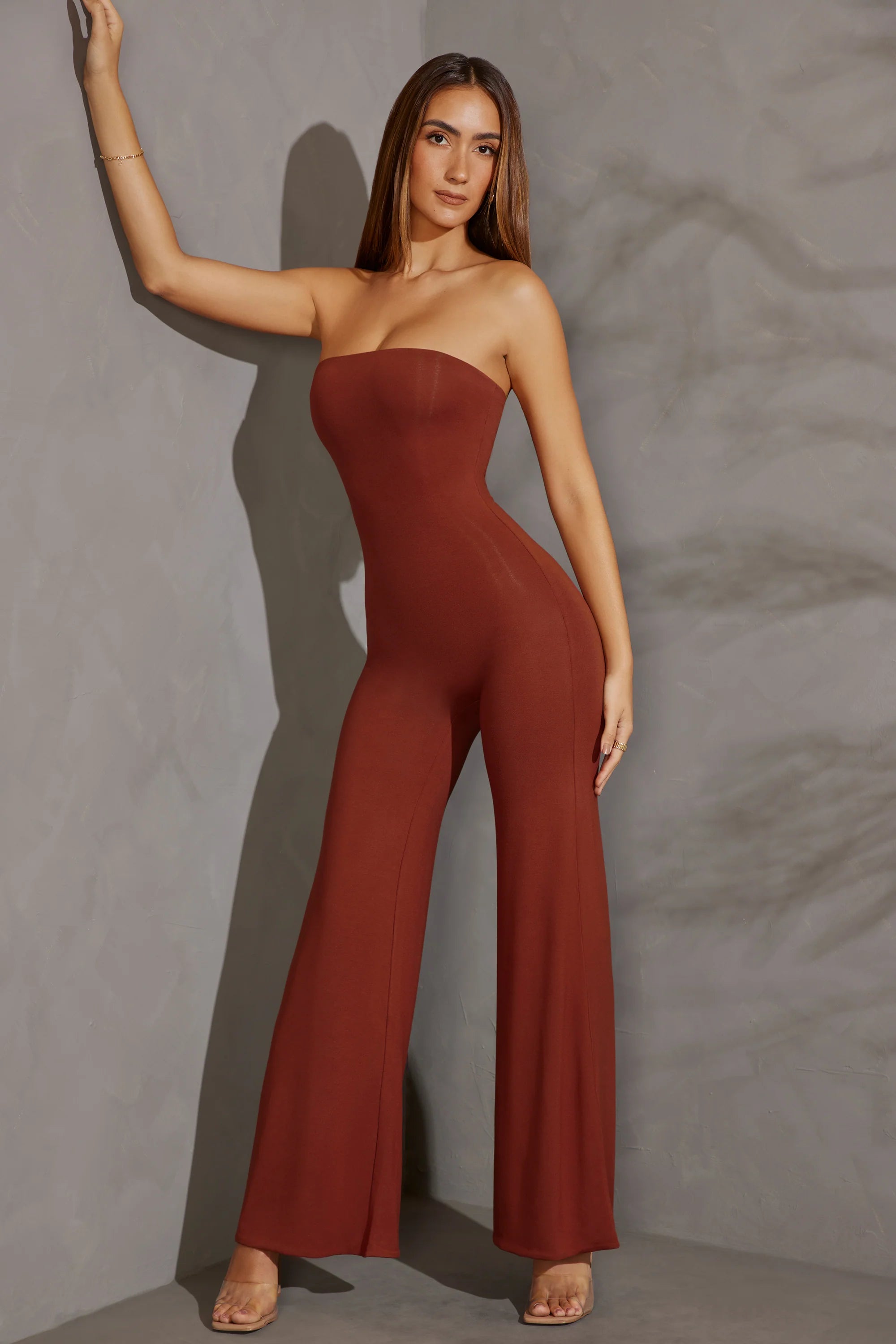 Petite Bandeau Wide Leg Jumpsuit in Brick
