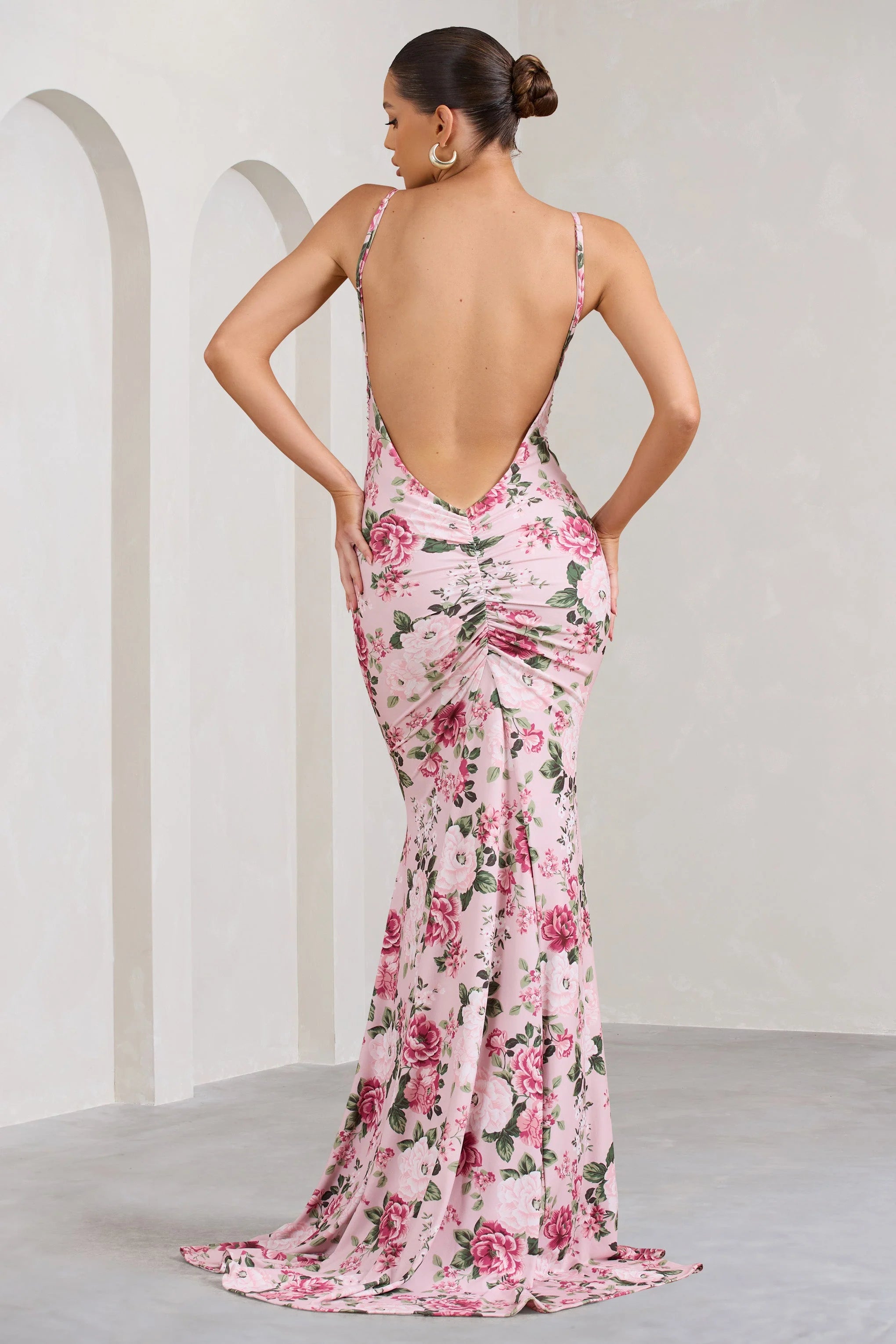 Adele | Pink Floral Print Backless Ruched Fishtail Cami Maxi Dress