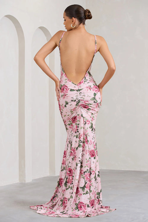 Adele | Pink Floral Print Backless Ruched Fishtail Cami Maxi Dress