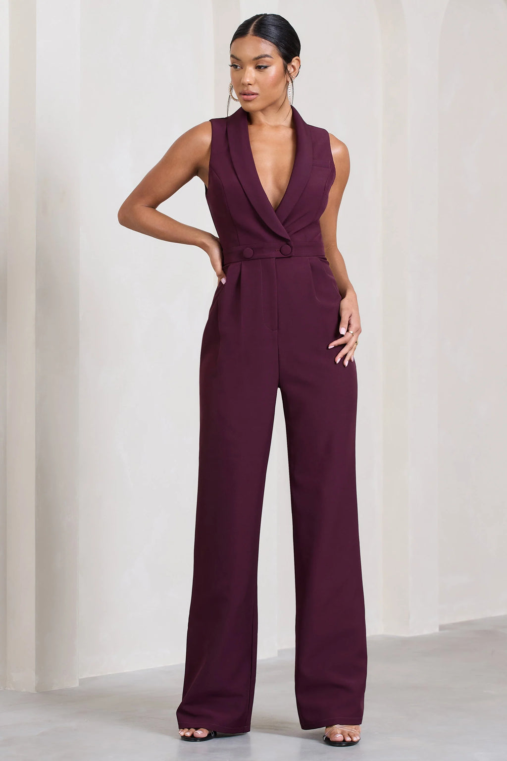 Endure | Plum Tailored Sleeveless Wide-Leg Jumpsuit