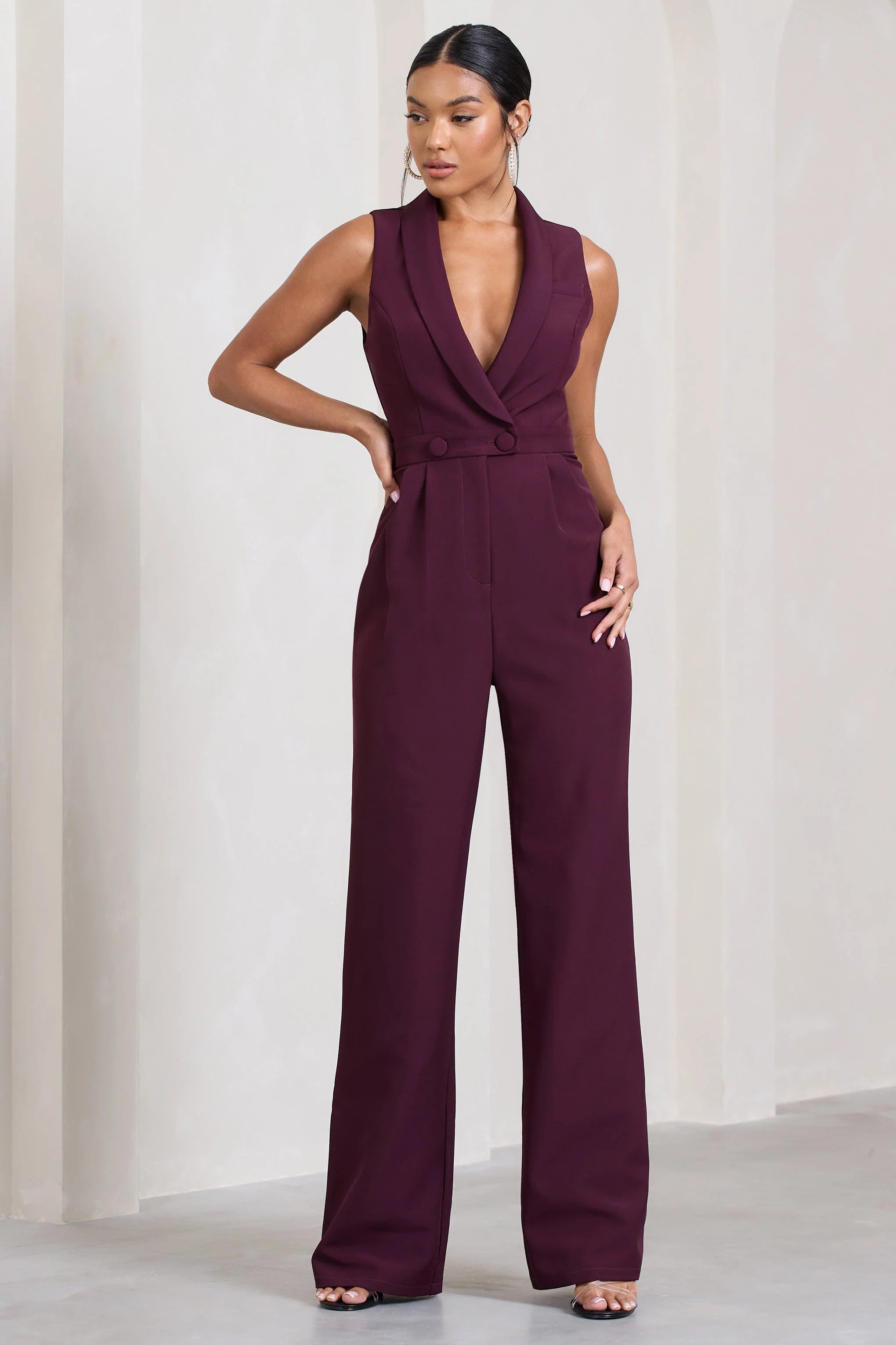 Endure | Plum Tailored Sleeveless Wide-Leg Jumpsuit