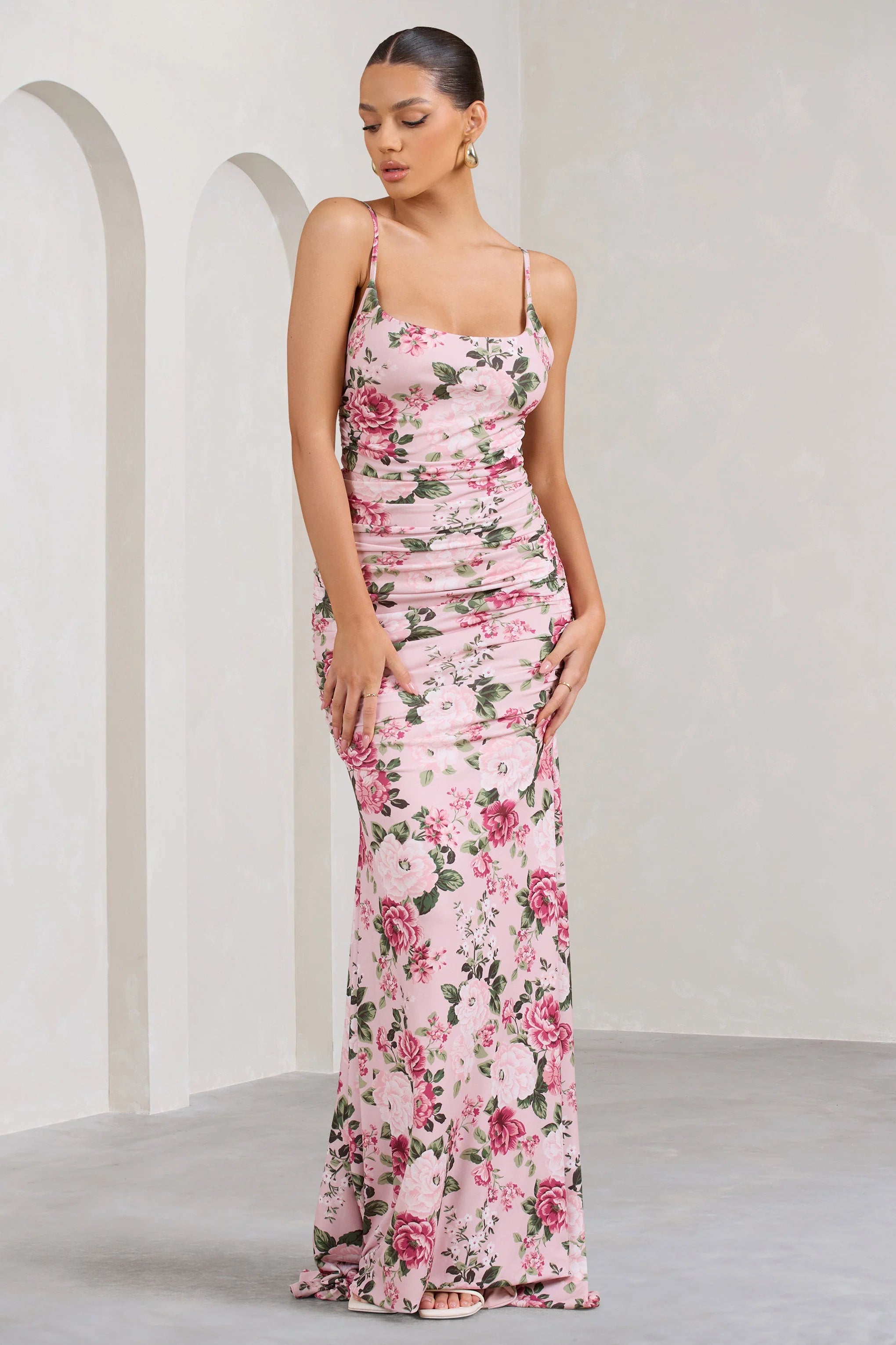 Adele | Pink Floral Print Backless Ruched Fishtail Cami Maxi Dress