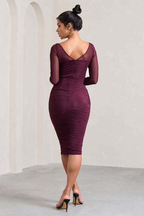 Abiba | Burgundy Ruched Mesh Corset Midi Dress With Long Sleeves