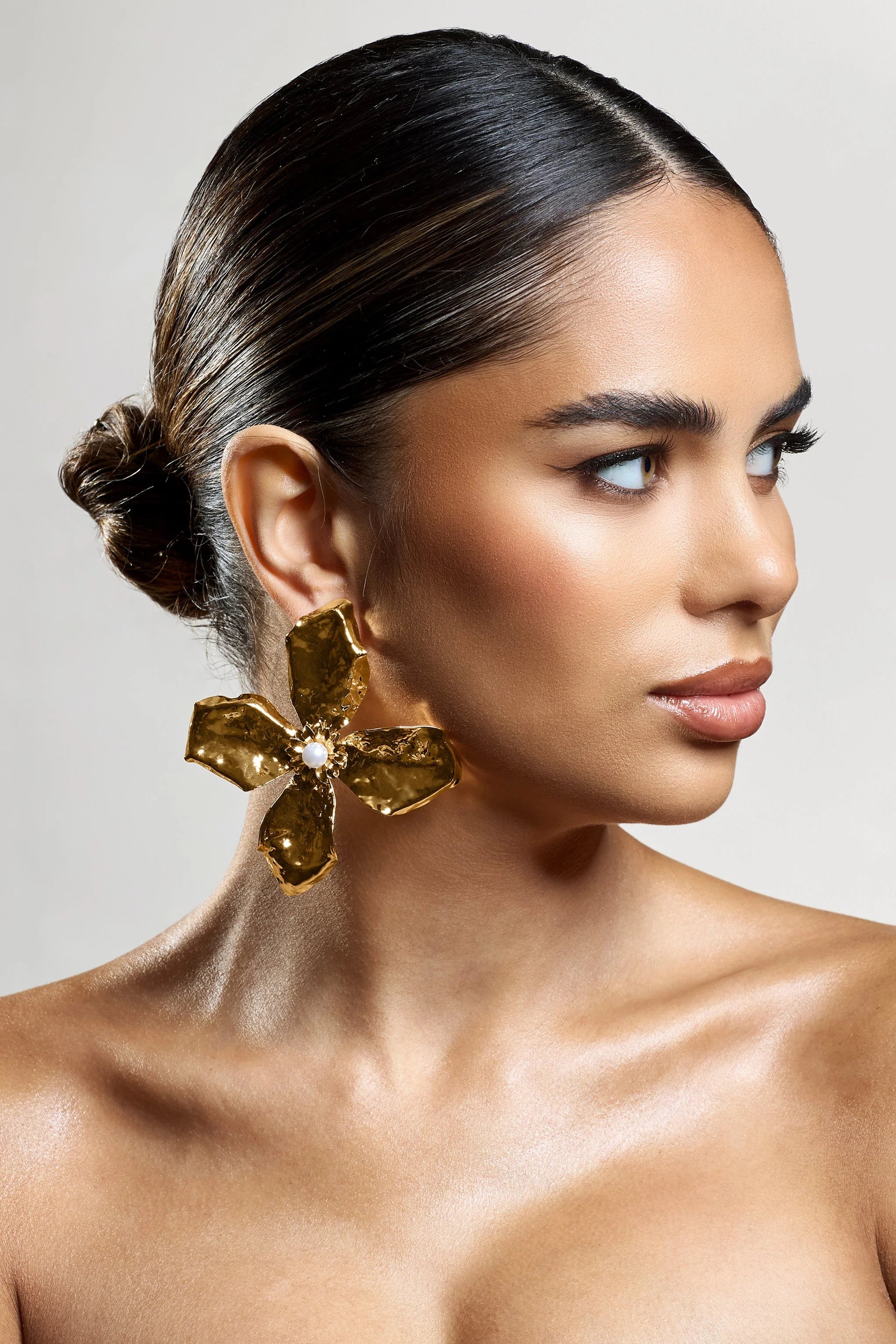 Emry | Gold Pearl Statement Flower Earrings