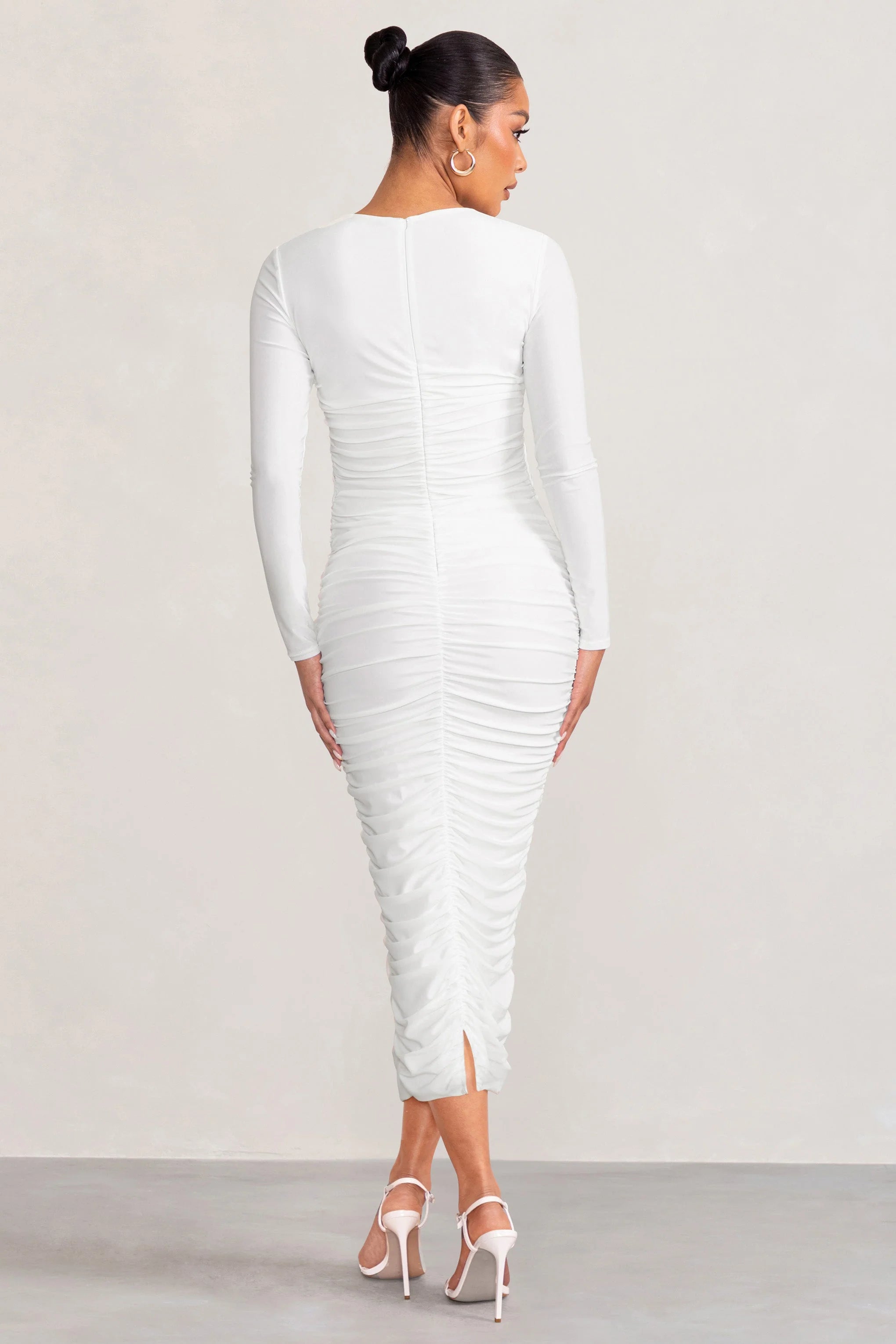 Renee | White Twist Front Plunge Maternity Midi Dress with Long Sleeves