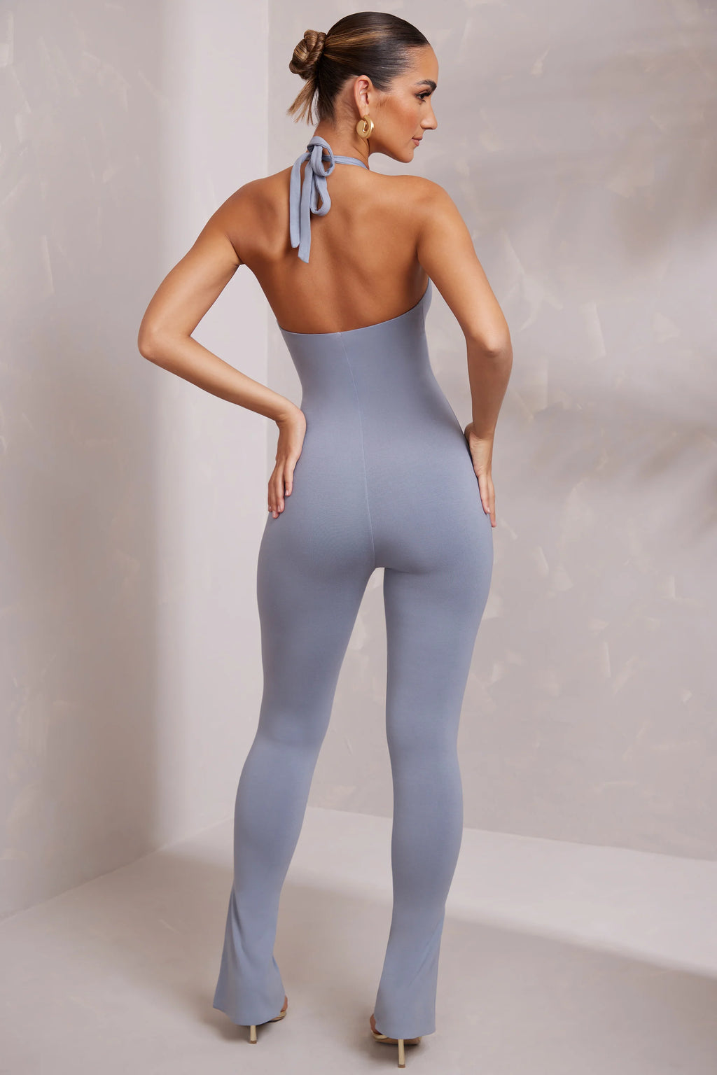 Tall Halter Neck Plunge Jumpsuit in Blue