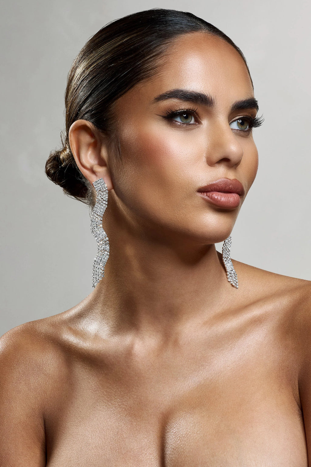 Swirl | Silver Diamante Curve Tassel Earrings