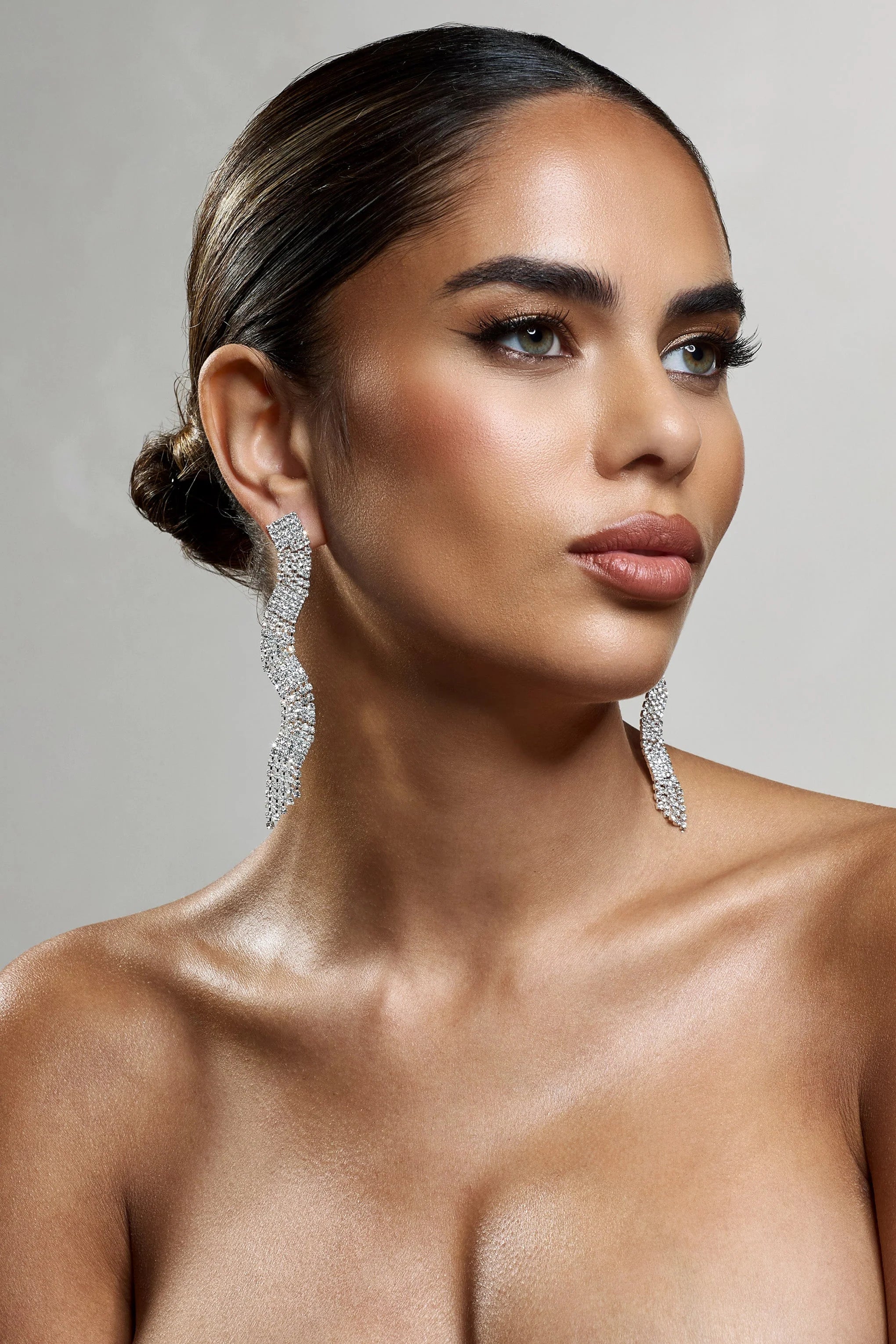 Swirl | Silver Diamante Curve Tassel Earrings