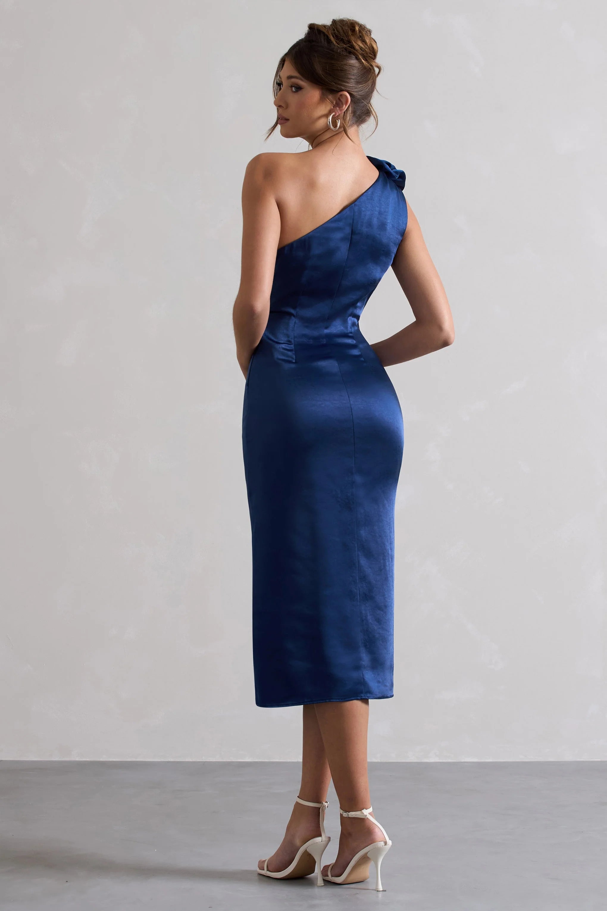 Ascot | Navy Satin Asymmetric Midi Dress With Corsage