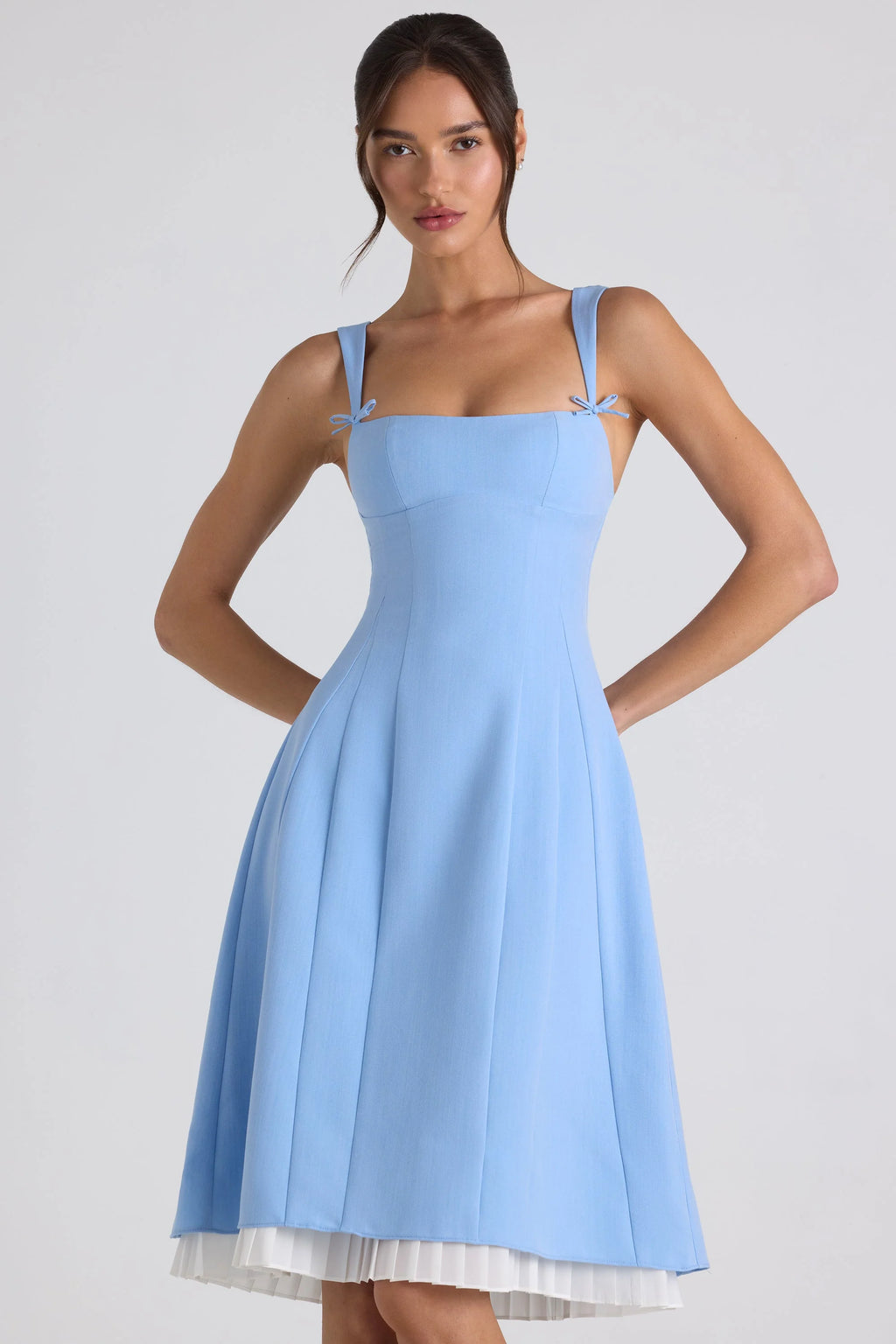 Bow-Embellished Pleated A-Line Midi Dress in Sky Blue