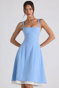 Bow-Embellished Pleated A-Line Midi Dress in Sky Blue