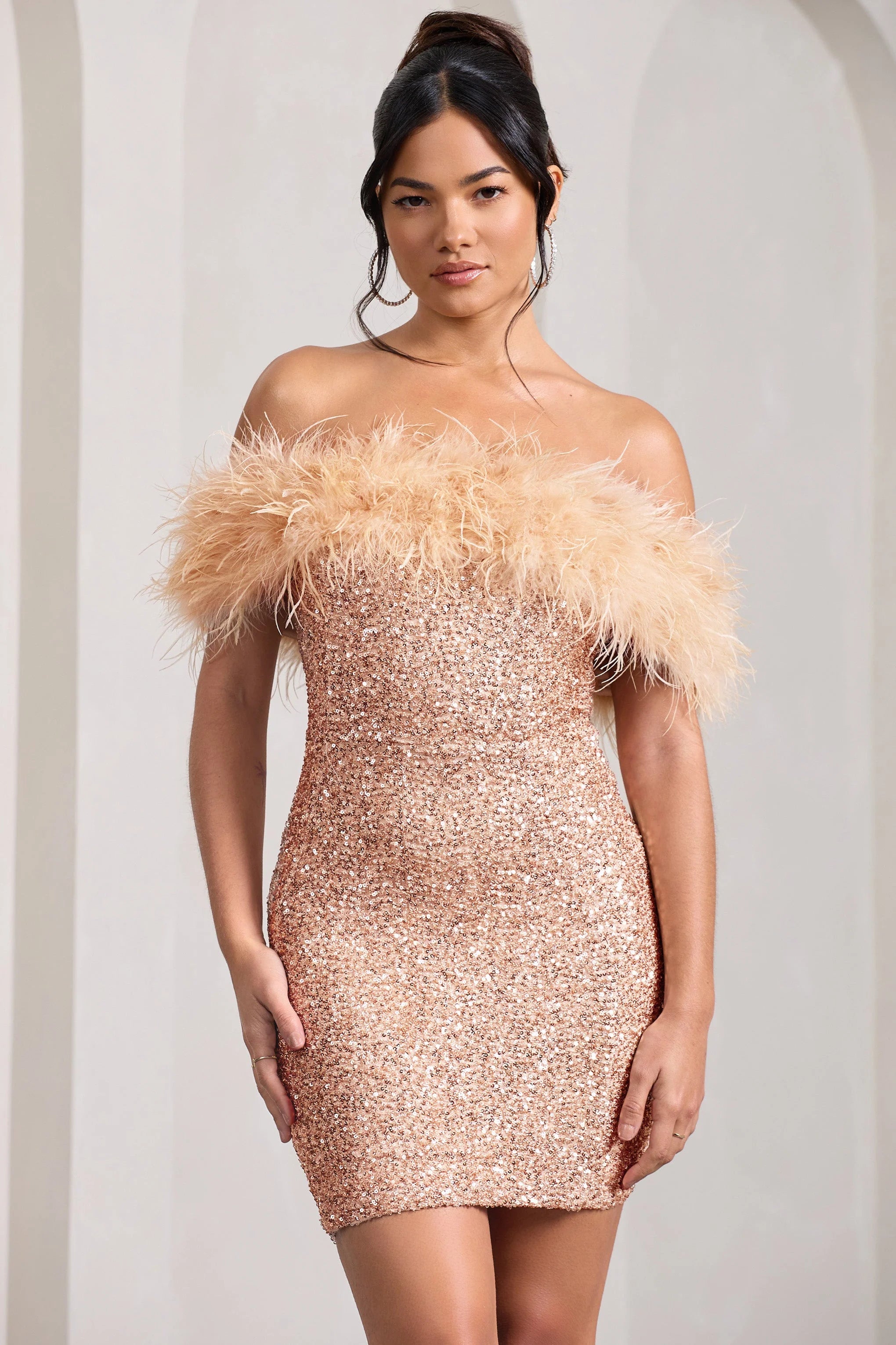 New Money | Gold Bodycon Sequin Mini Dress With Feather Trim