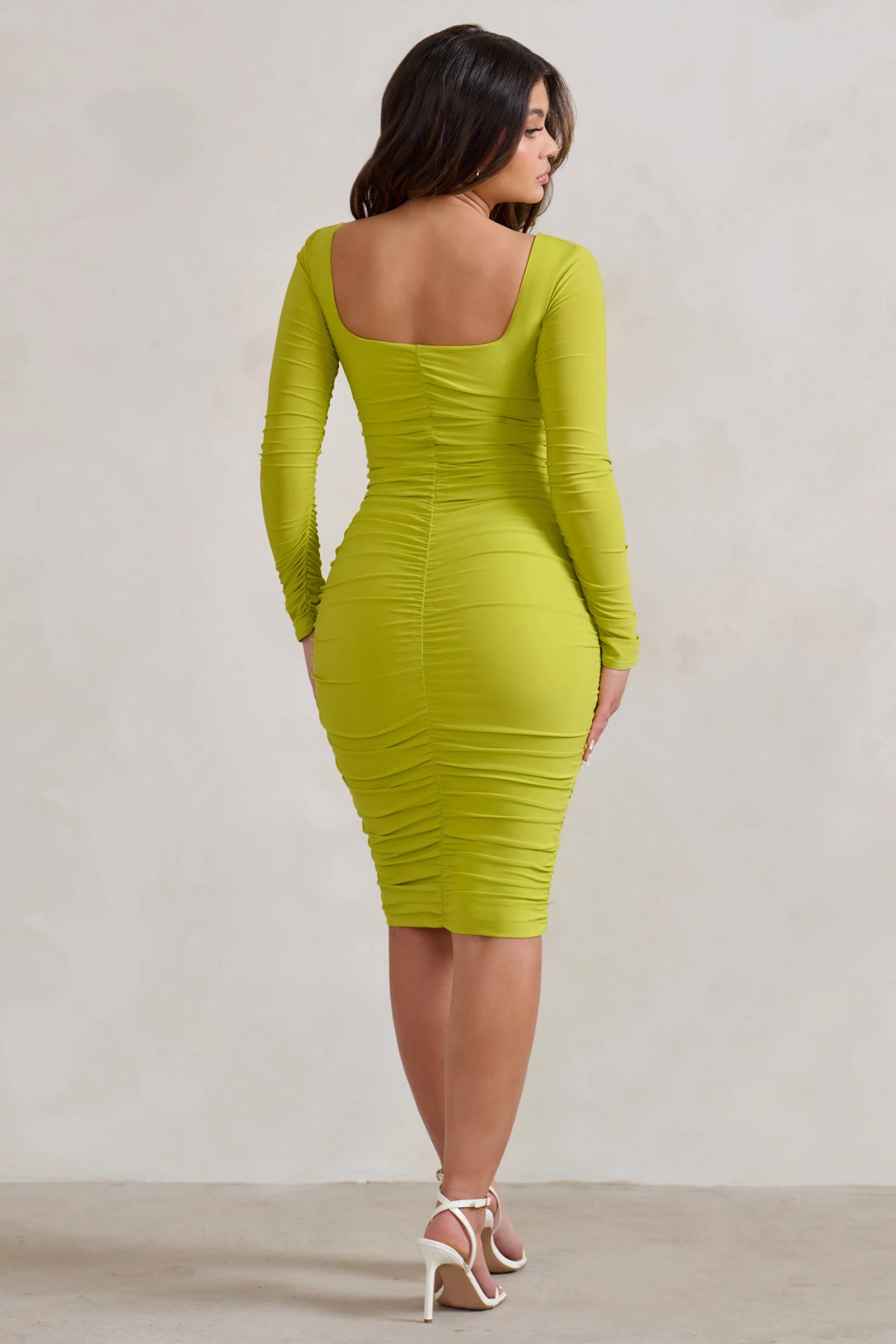 Seductress | Acid Lime Long Sleeve Square Neck Ruched Midi Dress
