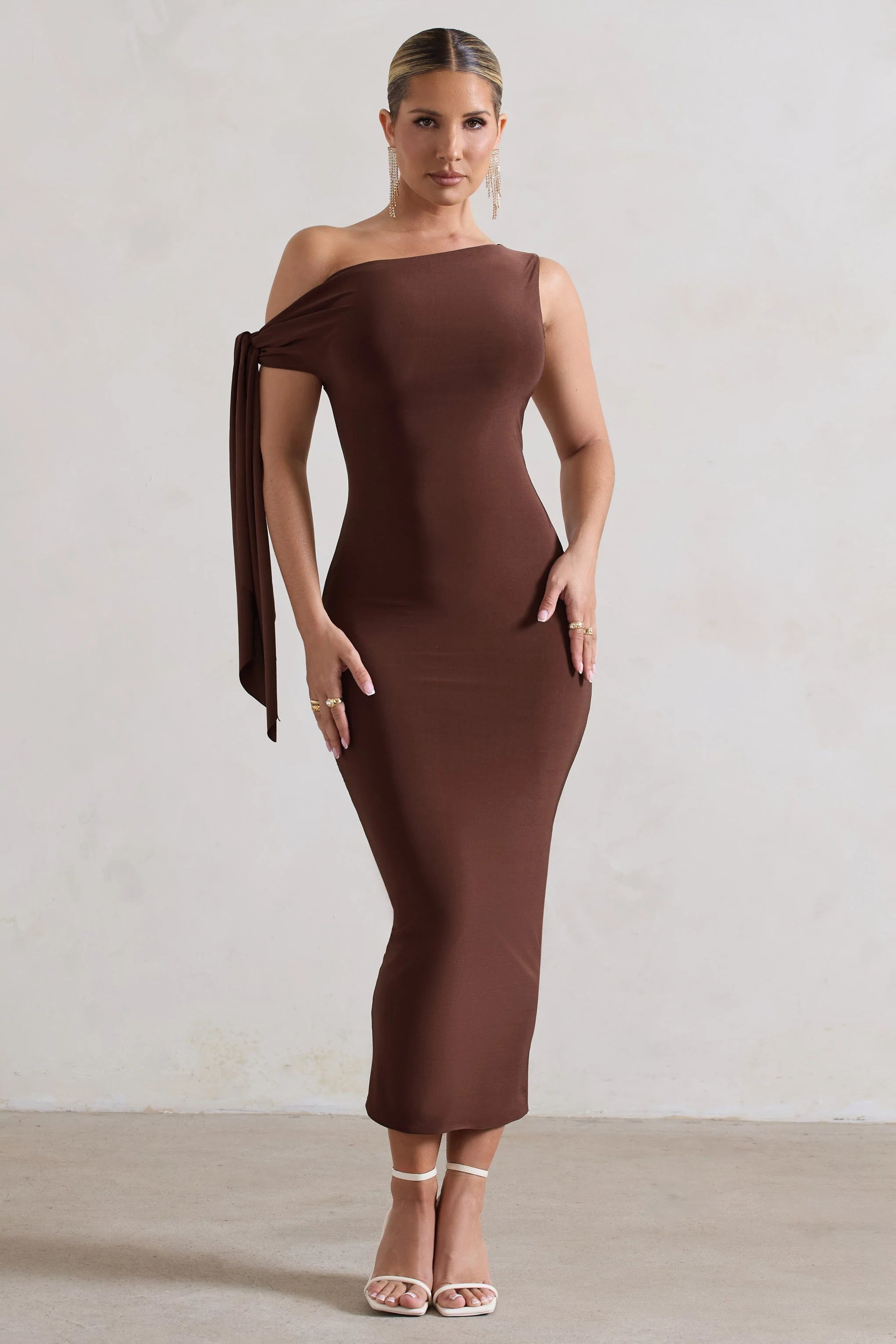 Adapt | Chocolate Brown Asymmetric Midi Dress With Tie Sleeve