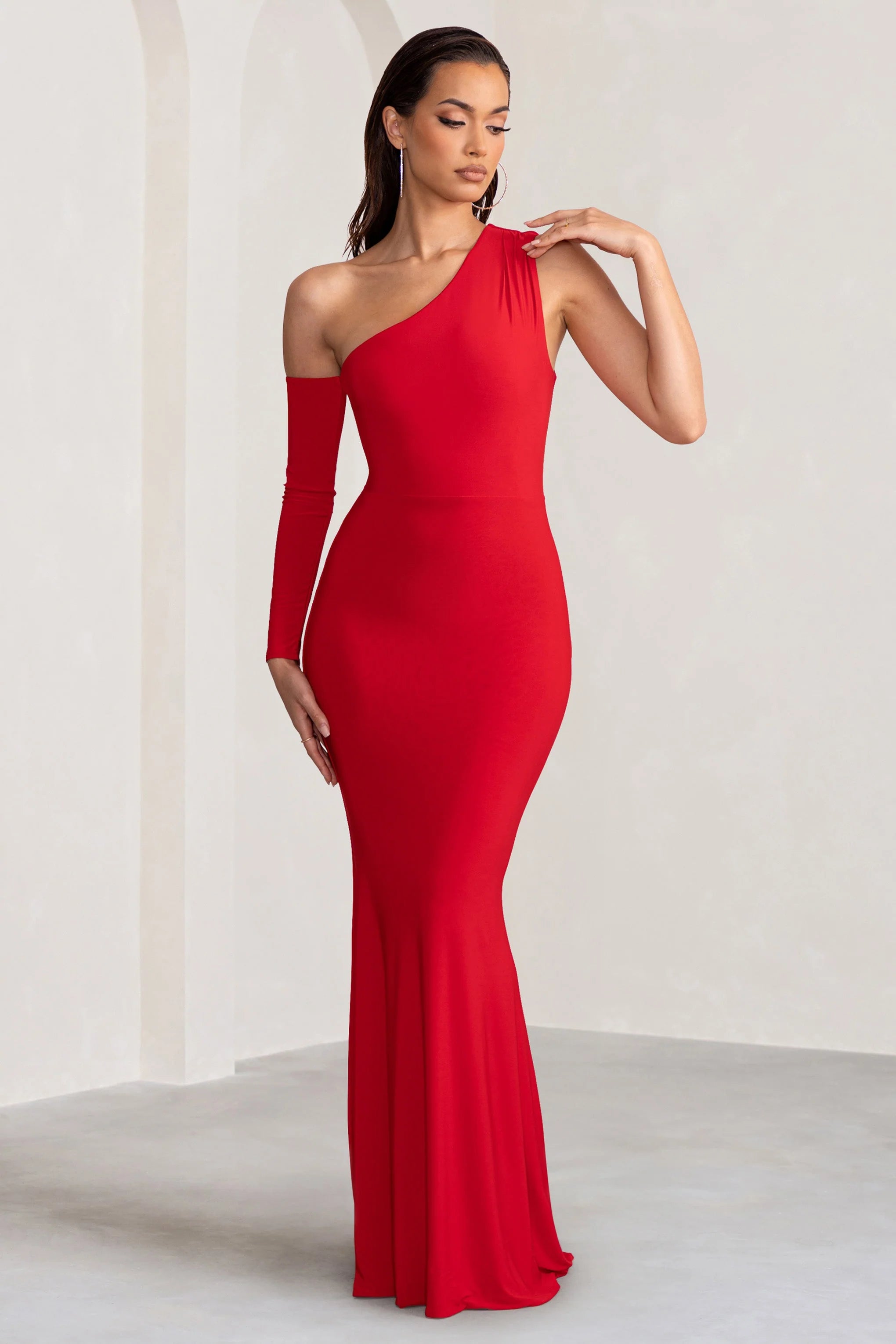 Baylor | Red One Shoulder Draped Skirt Maxi Dress