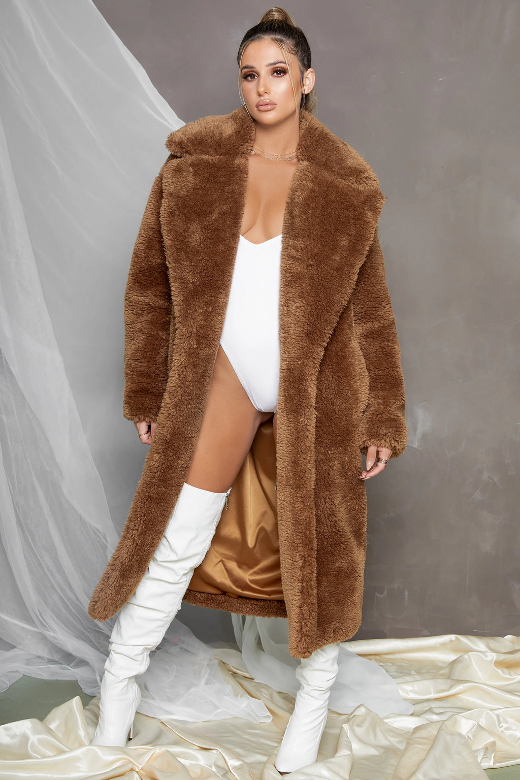Empire Oversized Longline Cocoon Teddy Coat in Dark Brown