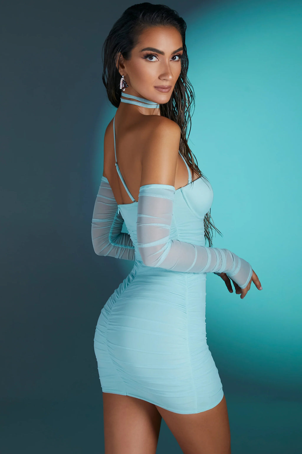 Underwired Bardot Mini Dress in Aqua