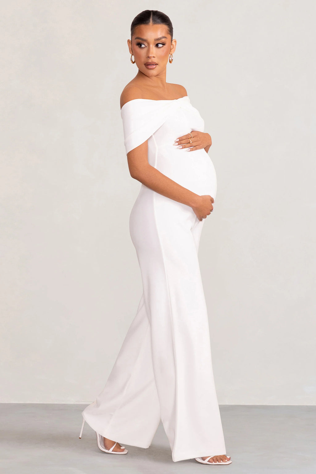 Meave | White Bardot Bow Maternity Jumpsuit