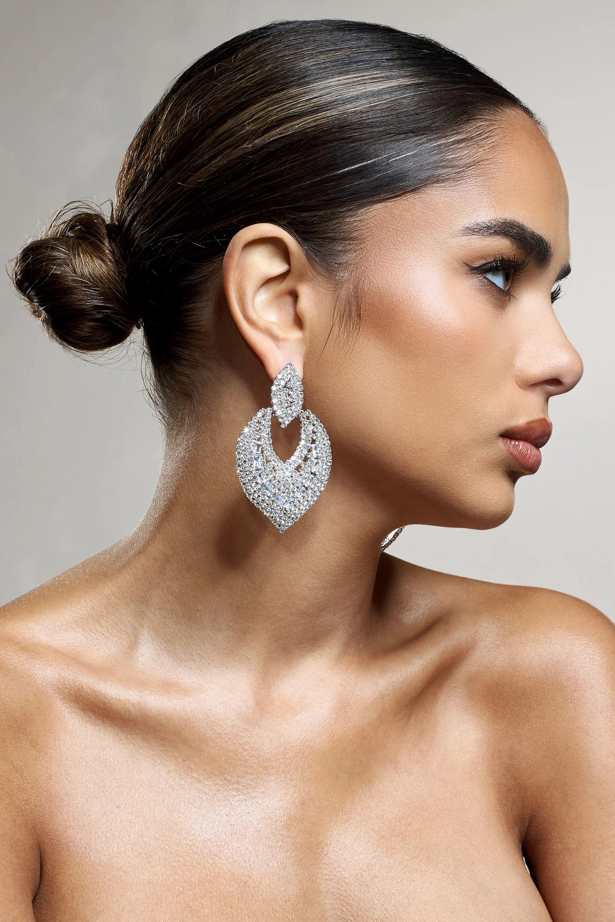 Miyo | Silver Diamante Leaf Drop Earrings