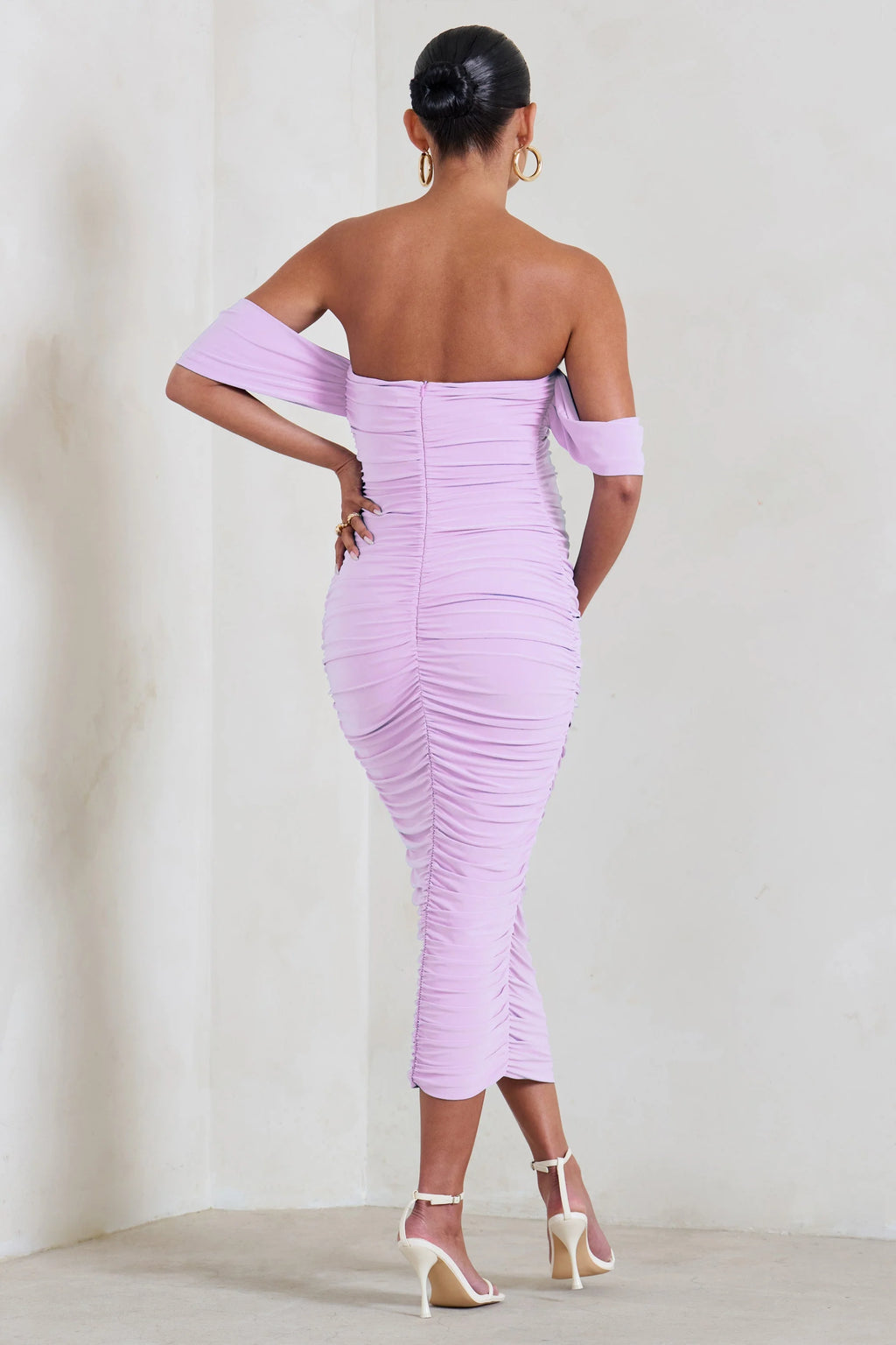 Plus One | Lilac Maternity Ruched Bardot Midi Dress