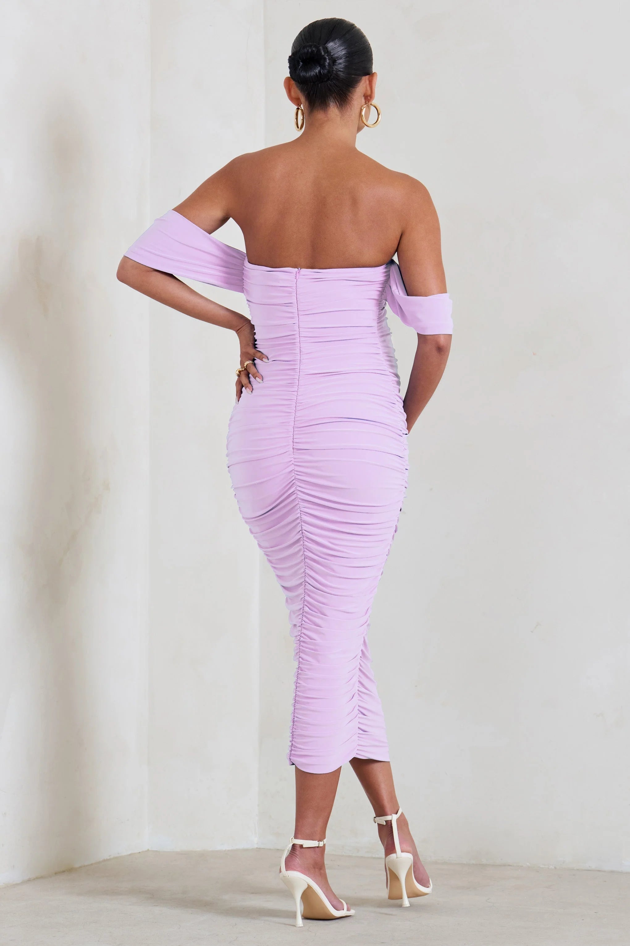 Plus One | Lilac Maternity Ruched Bardot Midi Dress