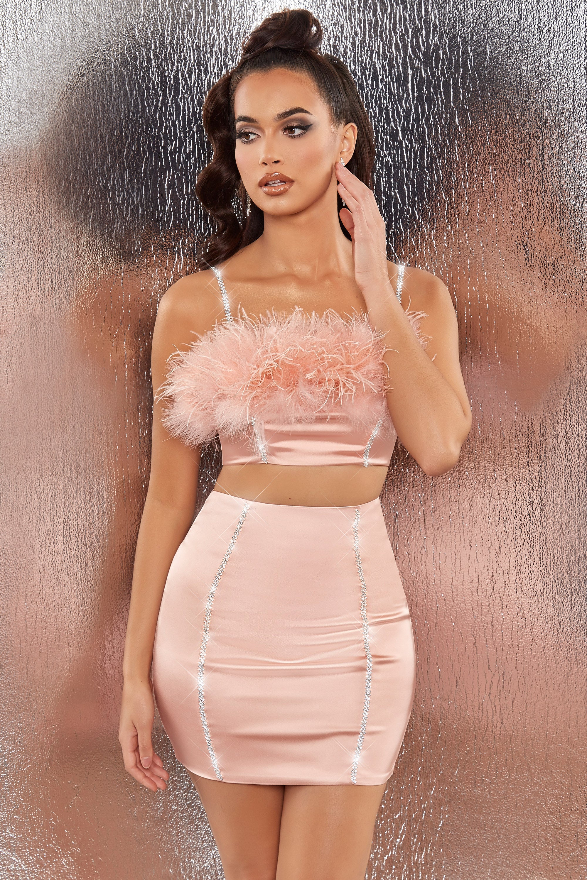Bring The Party Embellished Satin Feather Crop Top in Blush
