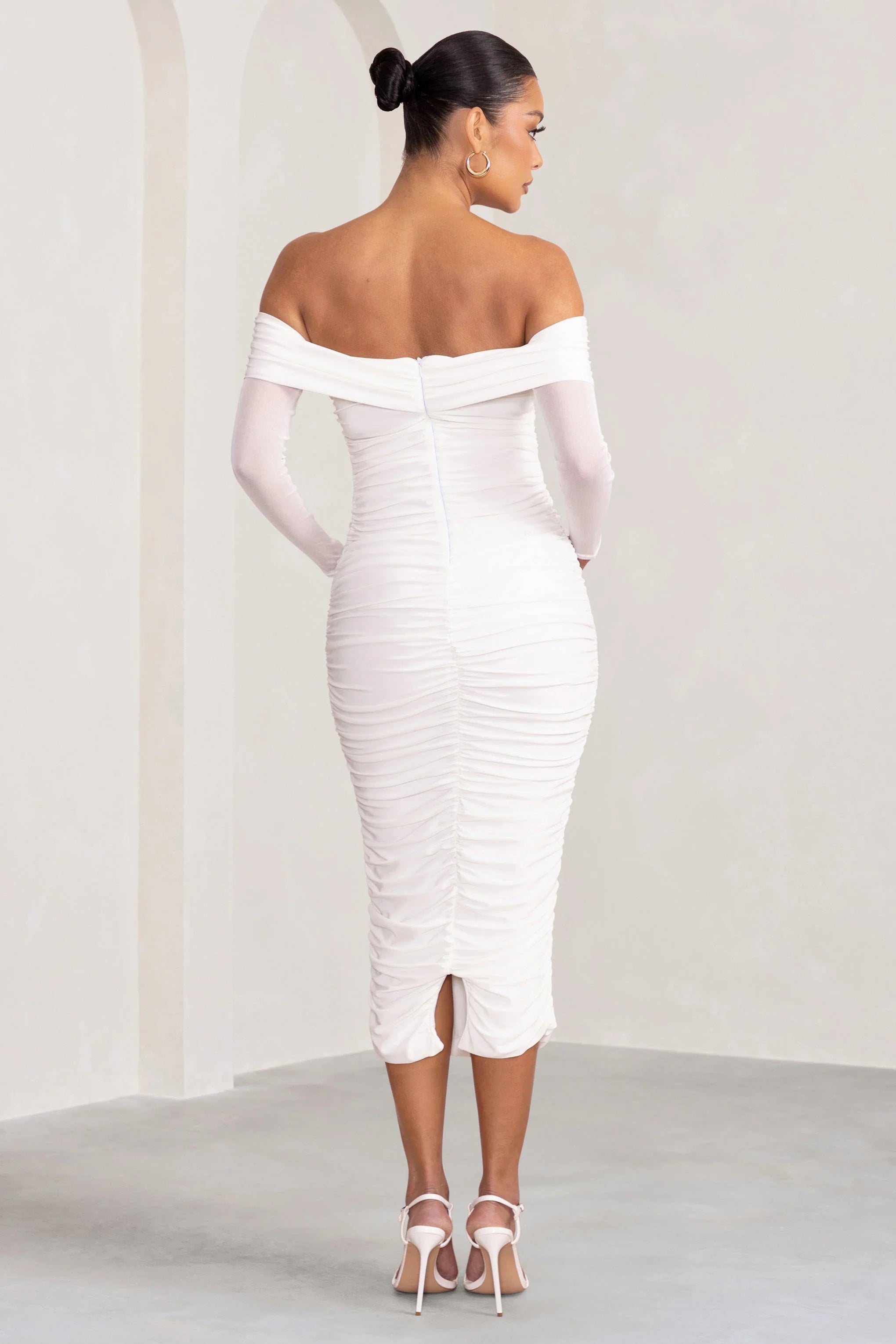 Neva | White Bardot Twist Maternity Midi Dress