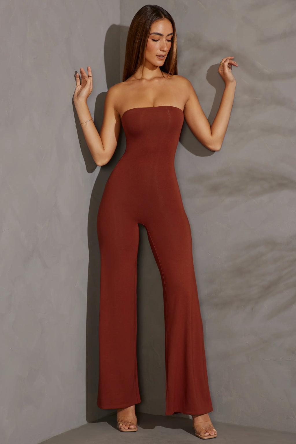Petite Bandeau Wide Leg Jumpsuit in Brick