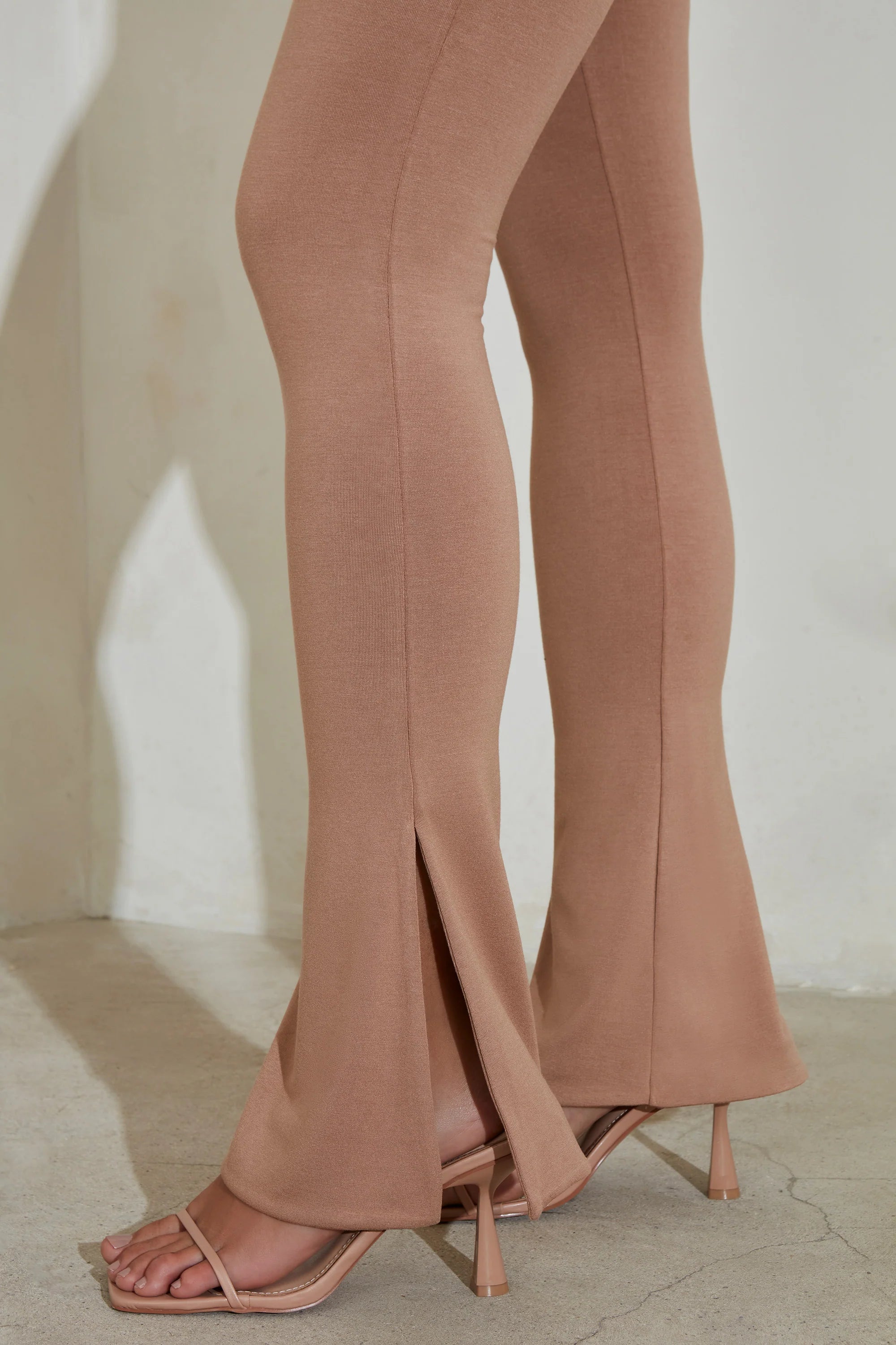 Petite Strapless Flared Hem Jumpsuit in Tan