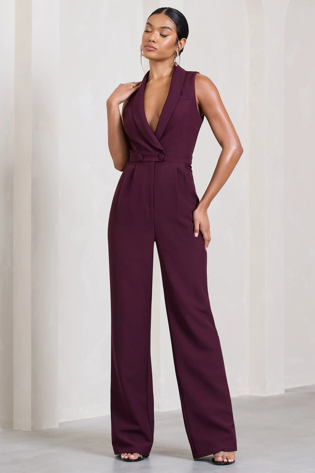Endure | Plum Tailored Sleeveless Wide-Leg Jumpsuit