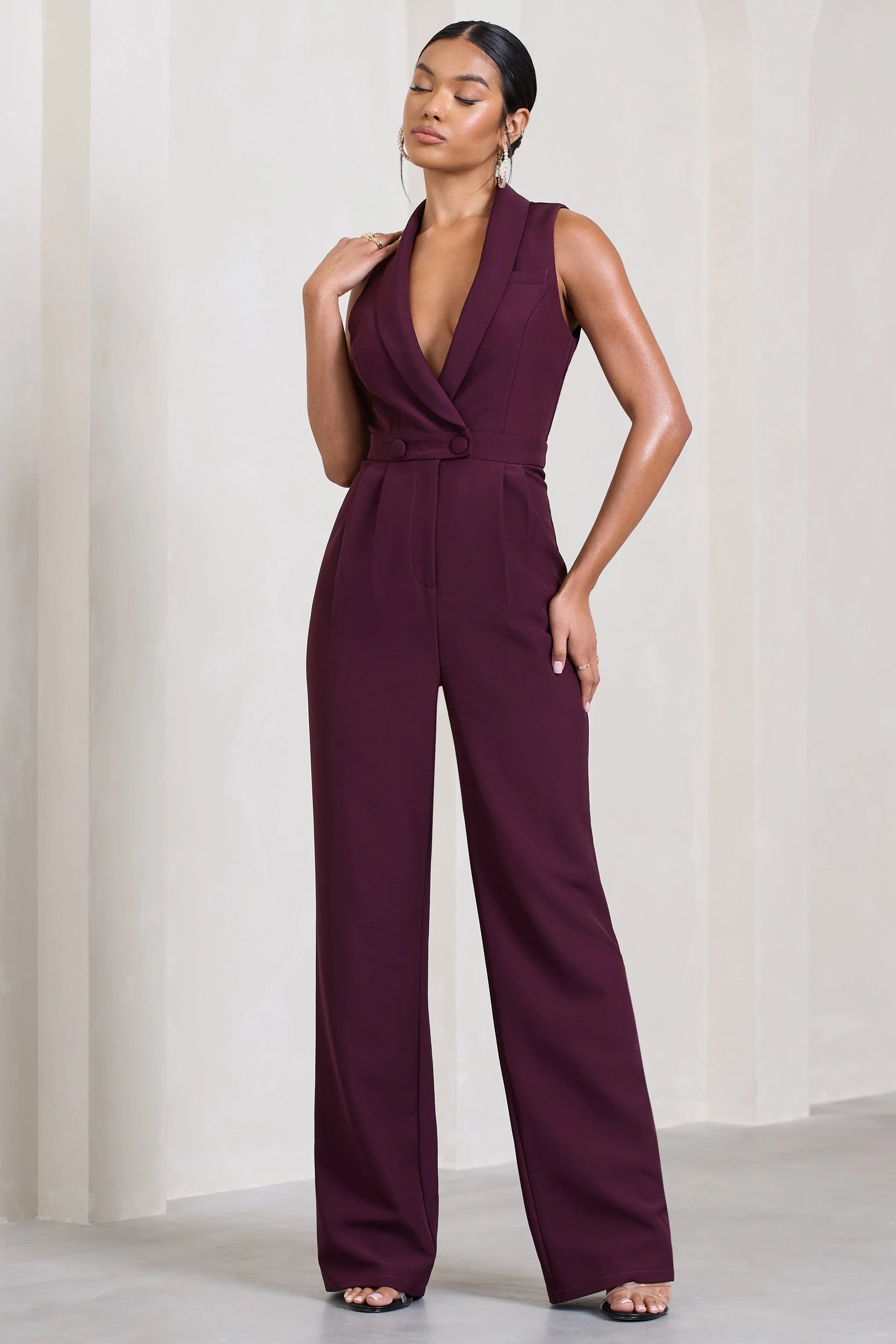 Endure | Plum Tailored Sleeveless Wide-Leg Jumpsuit