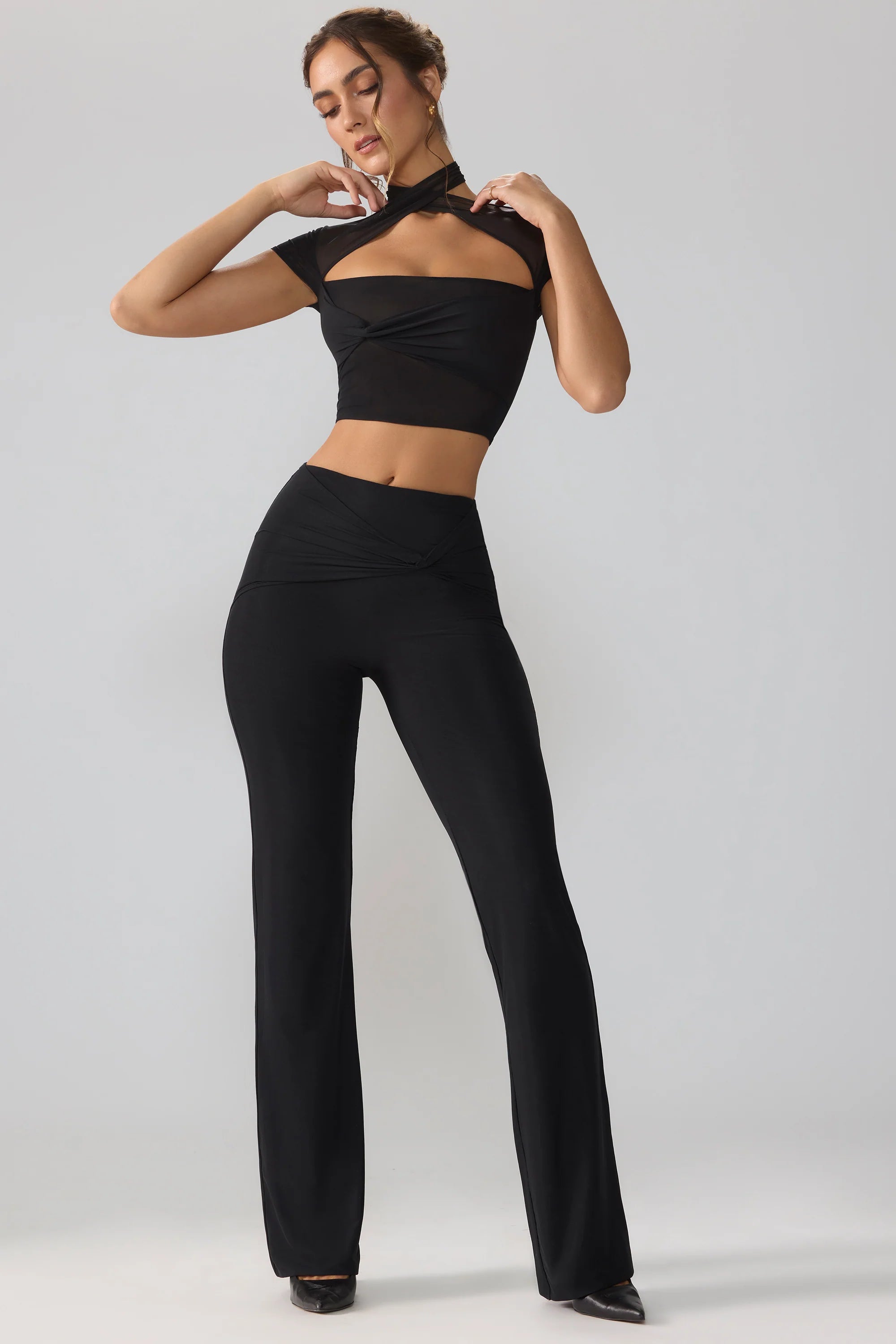 Tall Mesh Mid Rise Twist Overlay Flare Trousers in Black